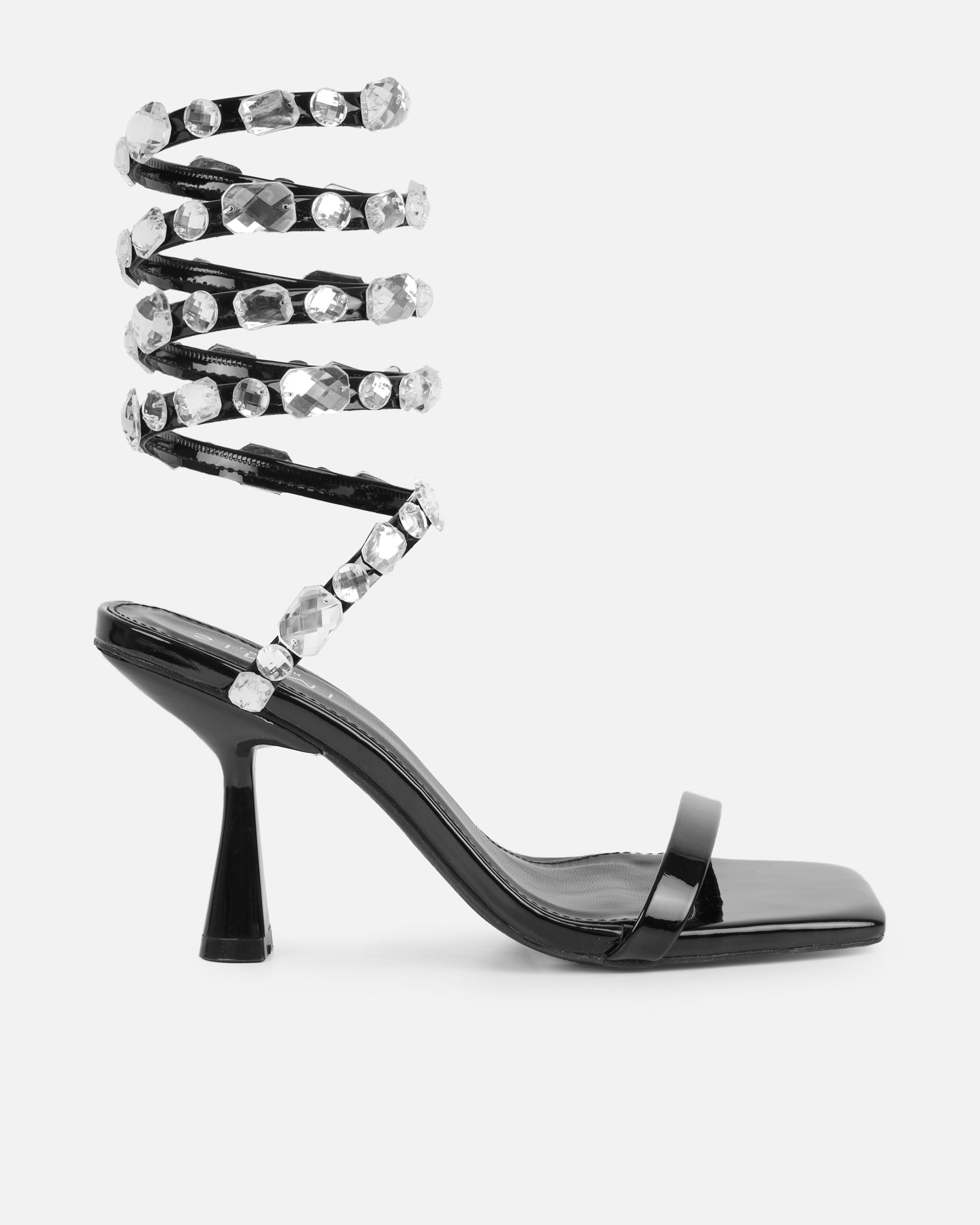 Amor Black Patent Diamante Spiral Sandals