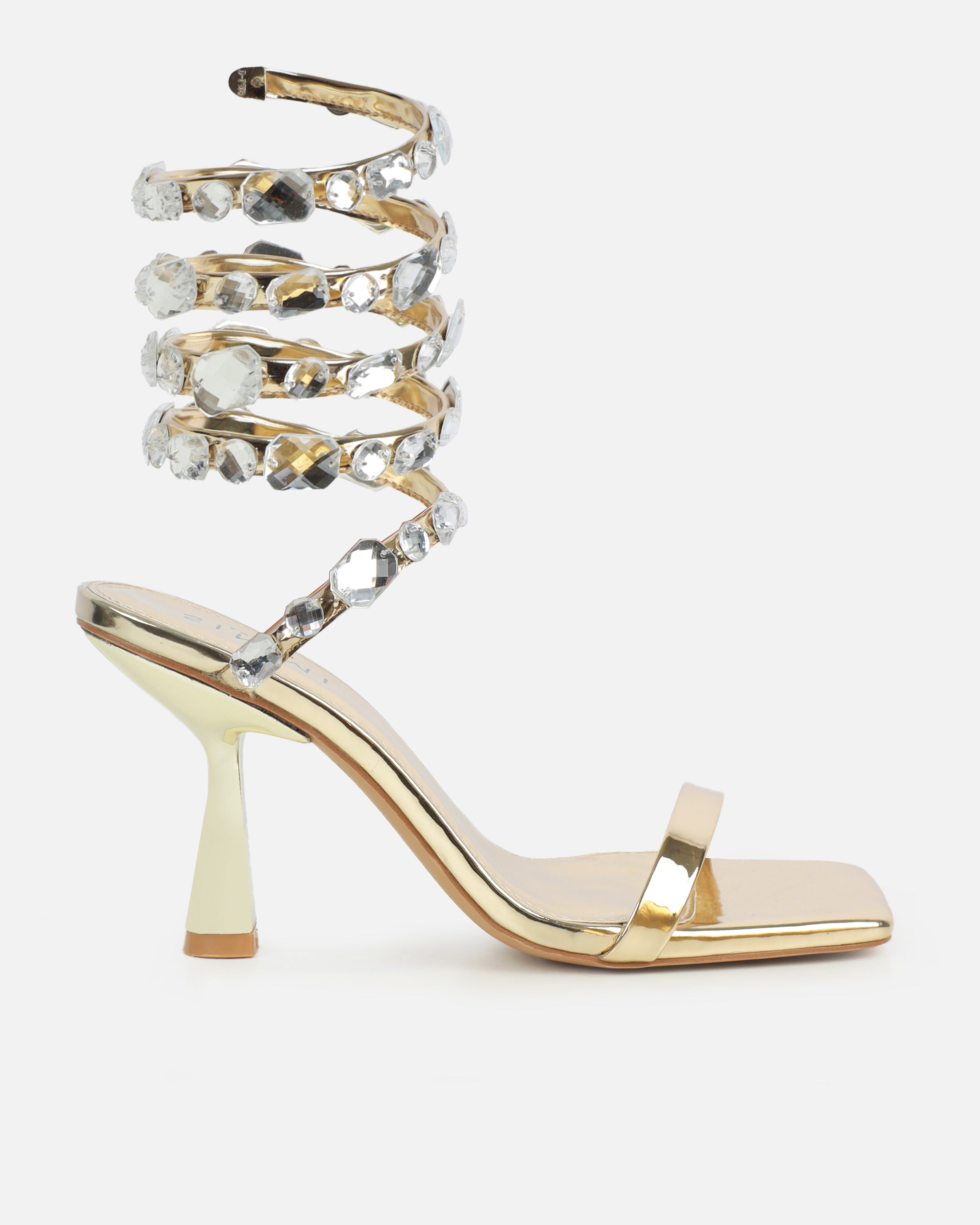 Amor Gold Mirror Diamante Spiral Sandals