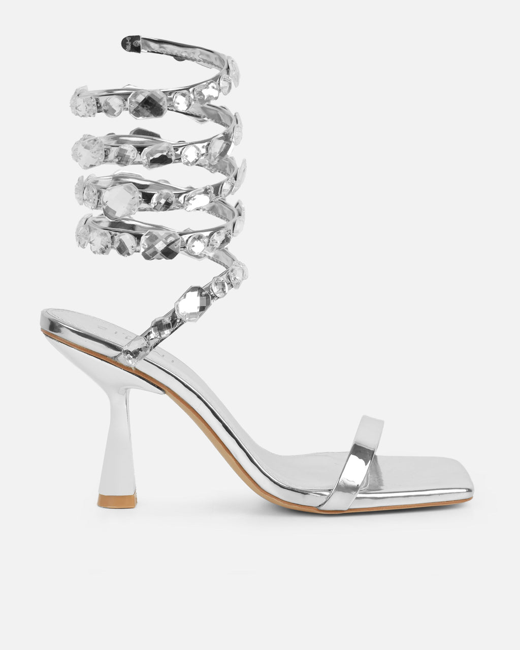 Amor Silver Mirror Diamante Spiral Sandals