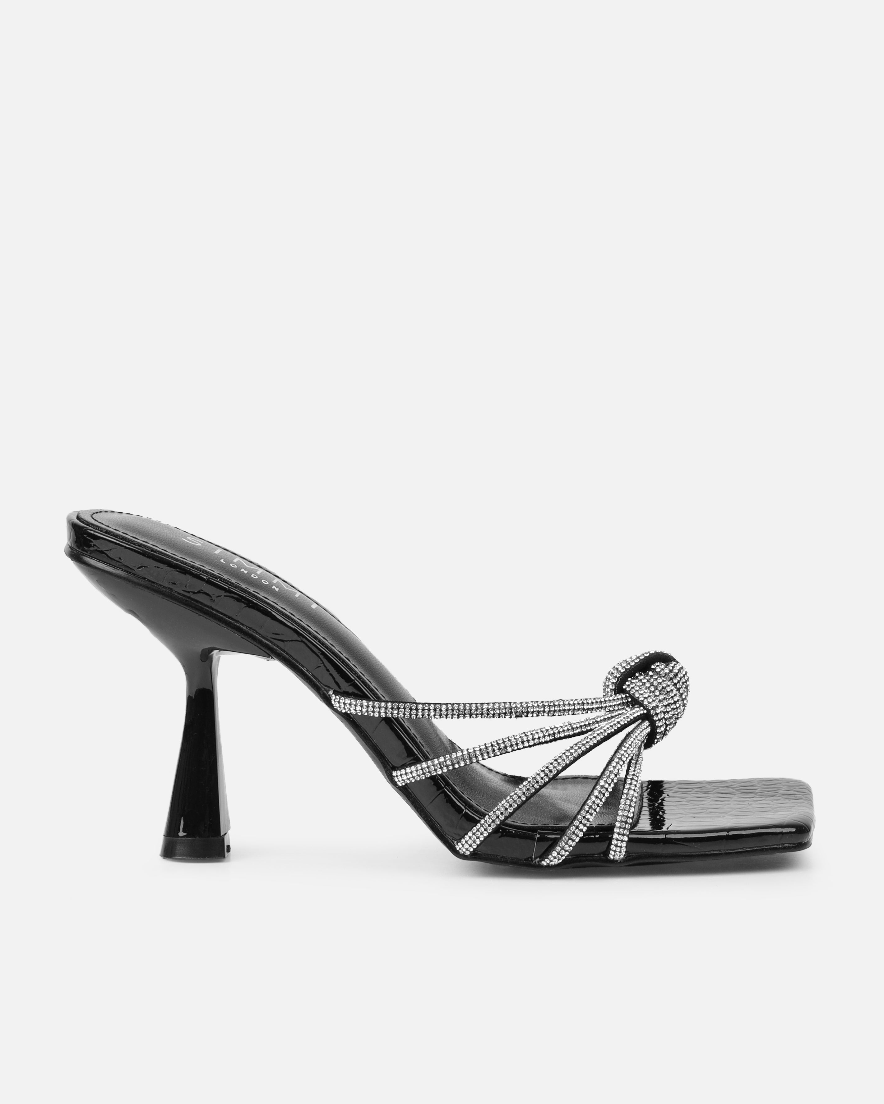 Estelleah Black Faux Snake Print Diamante Mid Heel Mules