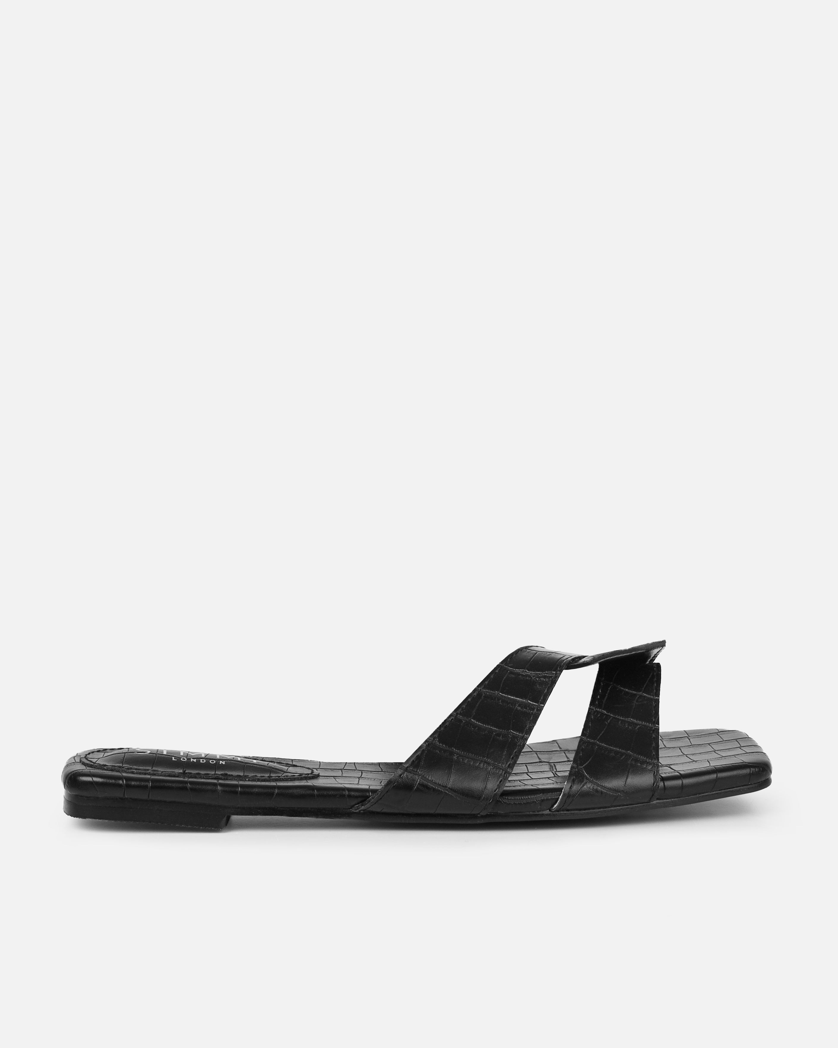 Cherie Black Faux Croc Print Flat Sandals