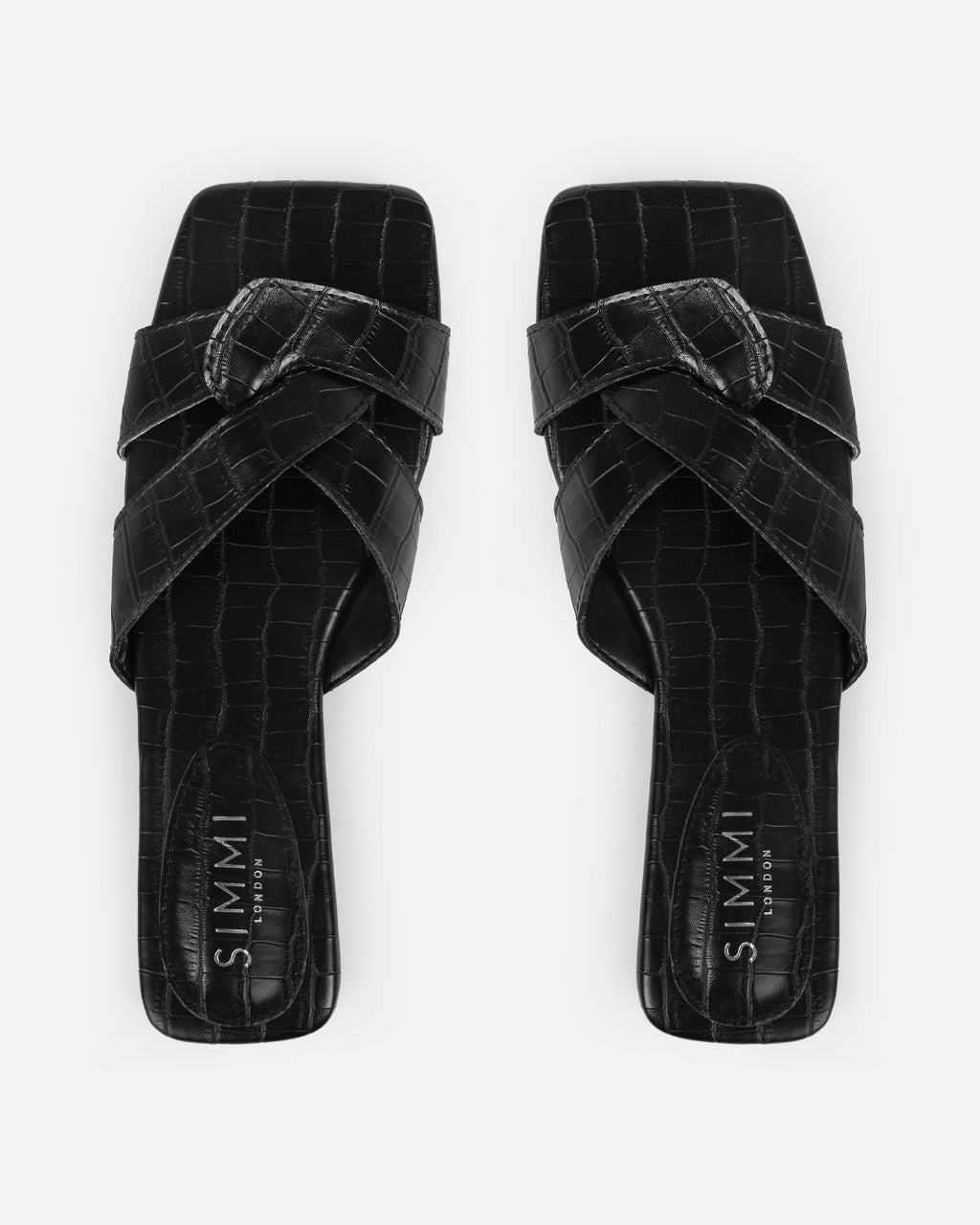 Cherie Black Faux Croc Print Flat Sandals