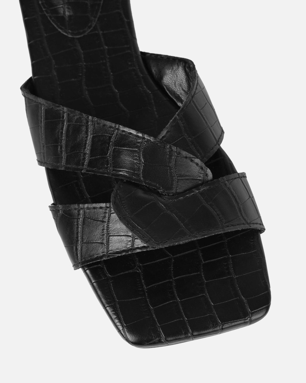 Cherie Black Faux Croc Print Flat Sandals