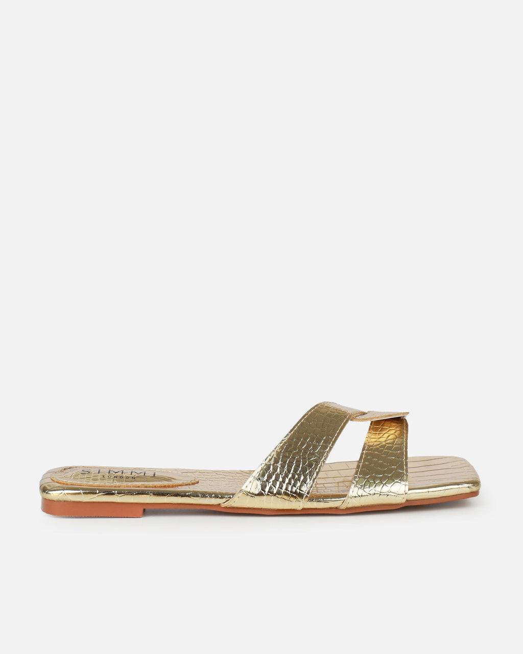 Cherie Gold Metallic Faux Croc Print Flat Sandals