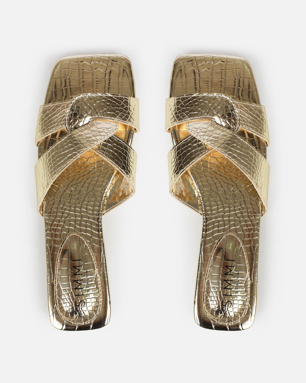 Cherie Gold Metallic Faux Croc Print Flat Sandals