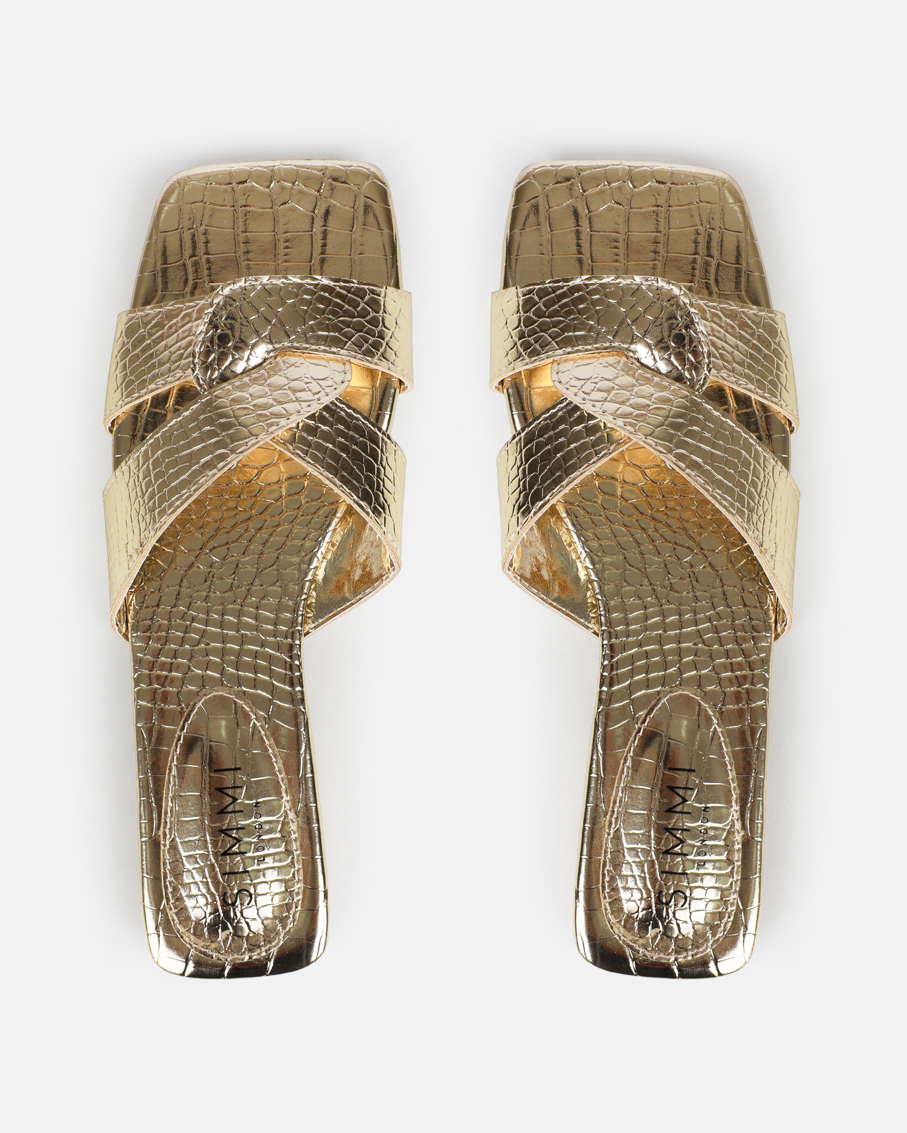 Cherie Gold Metallic Faux Croc Print Flat Sandals