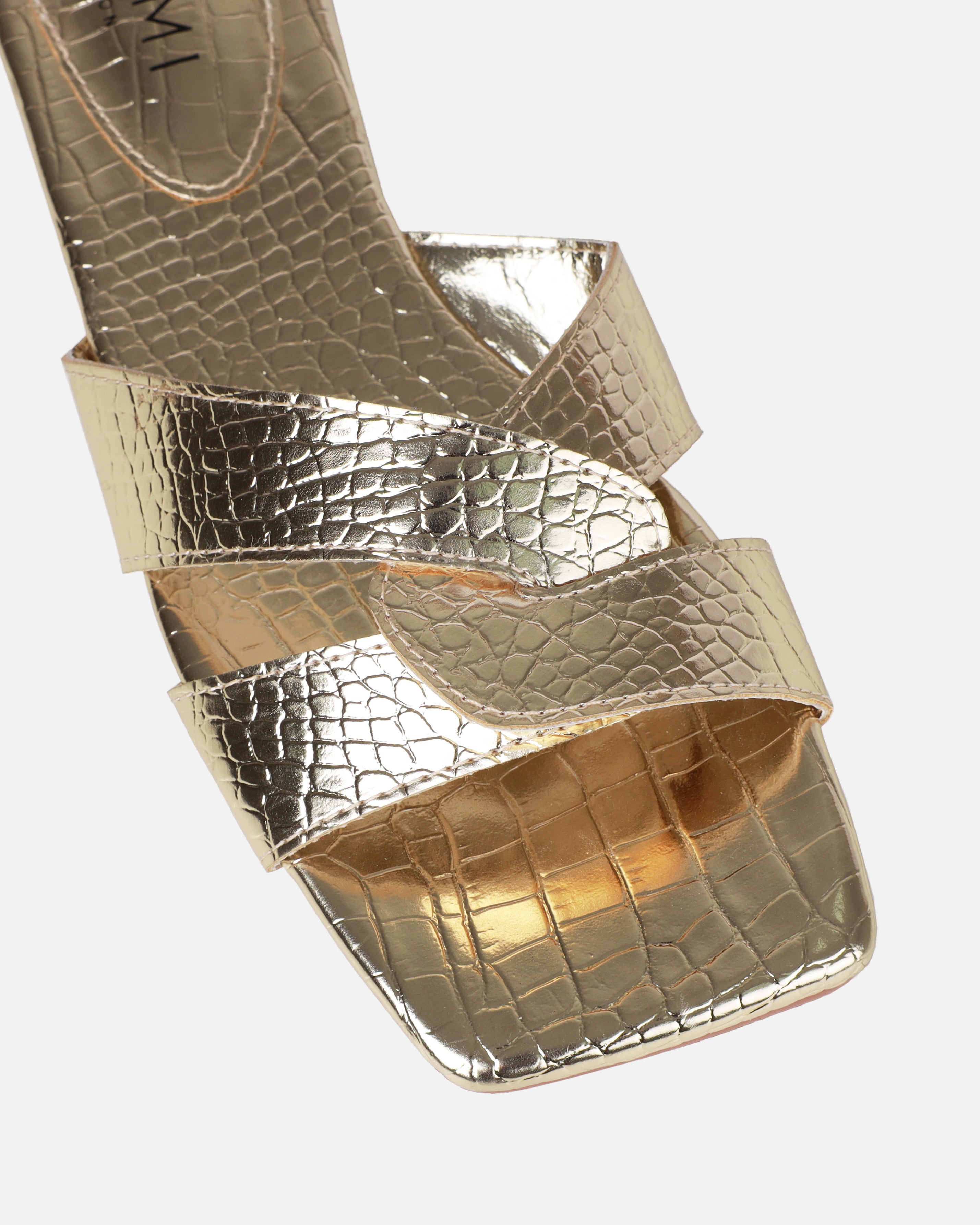 Cherie Gold Metallic Faux Croc Print Flat Sandals