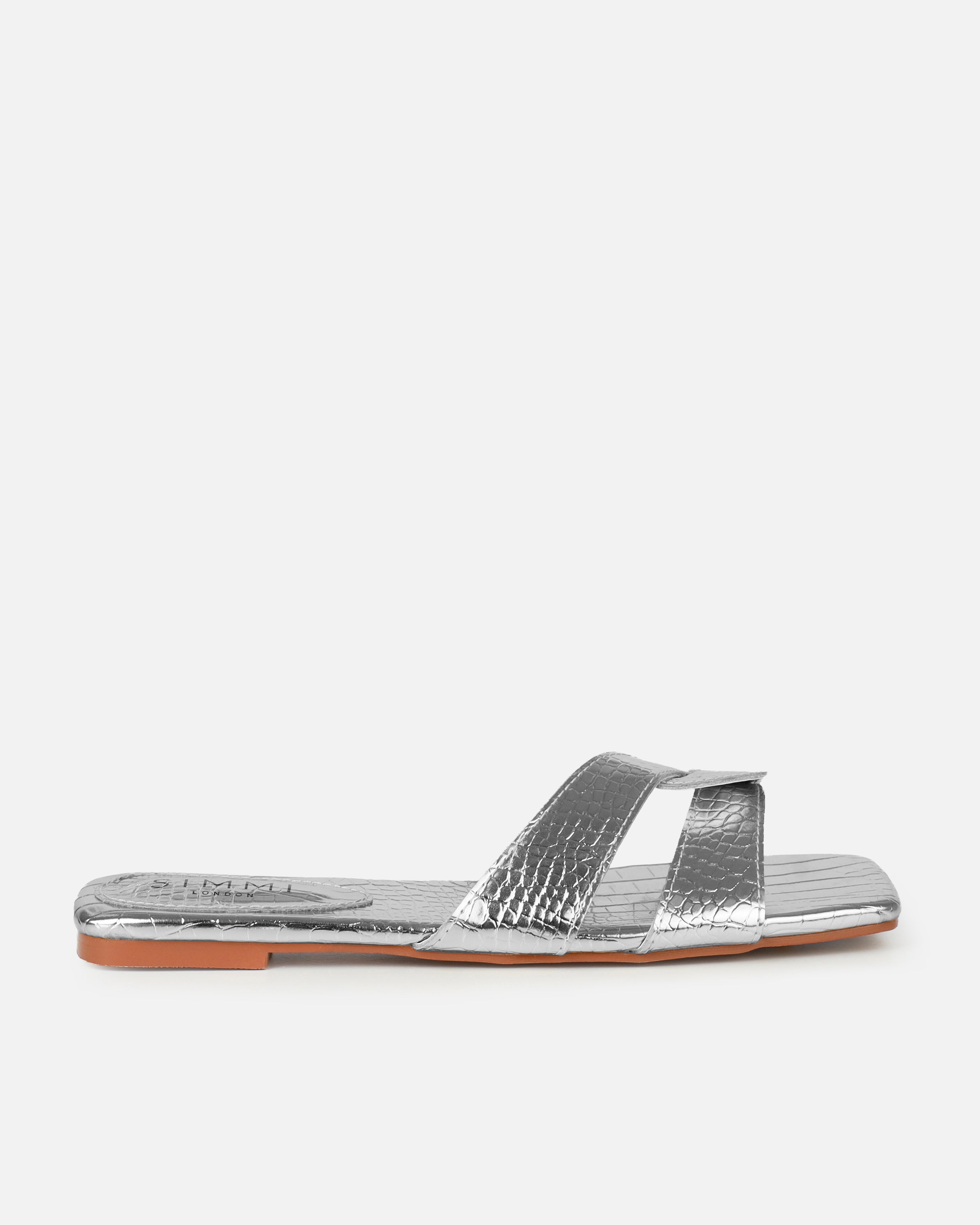 Cherie Silver Faux Croc Print Flat Sandals