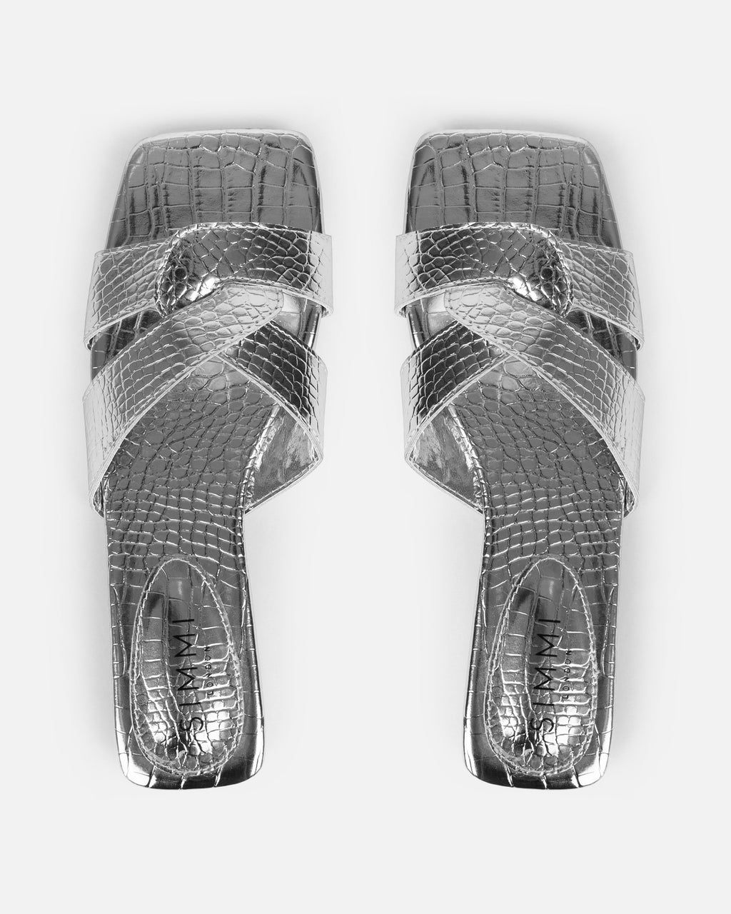 Cherie Silver Faux Croc Print Flat Sandals