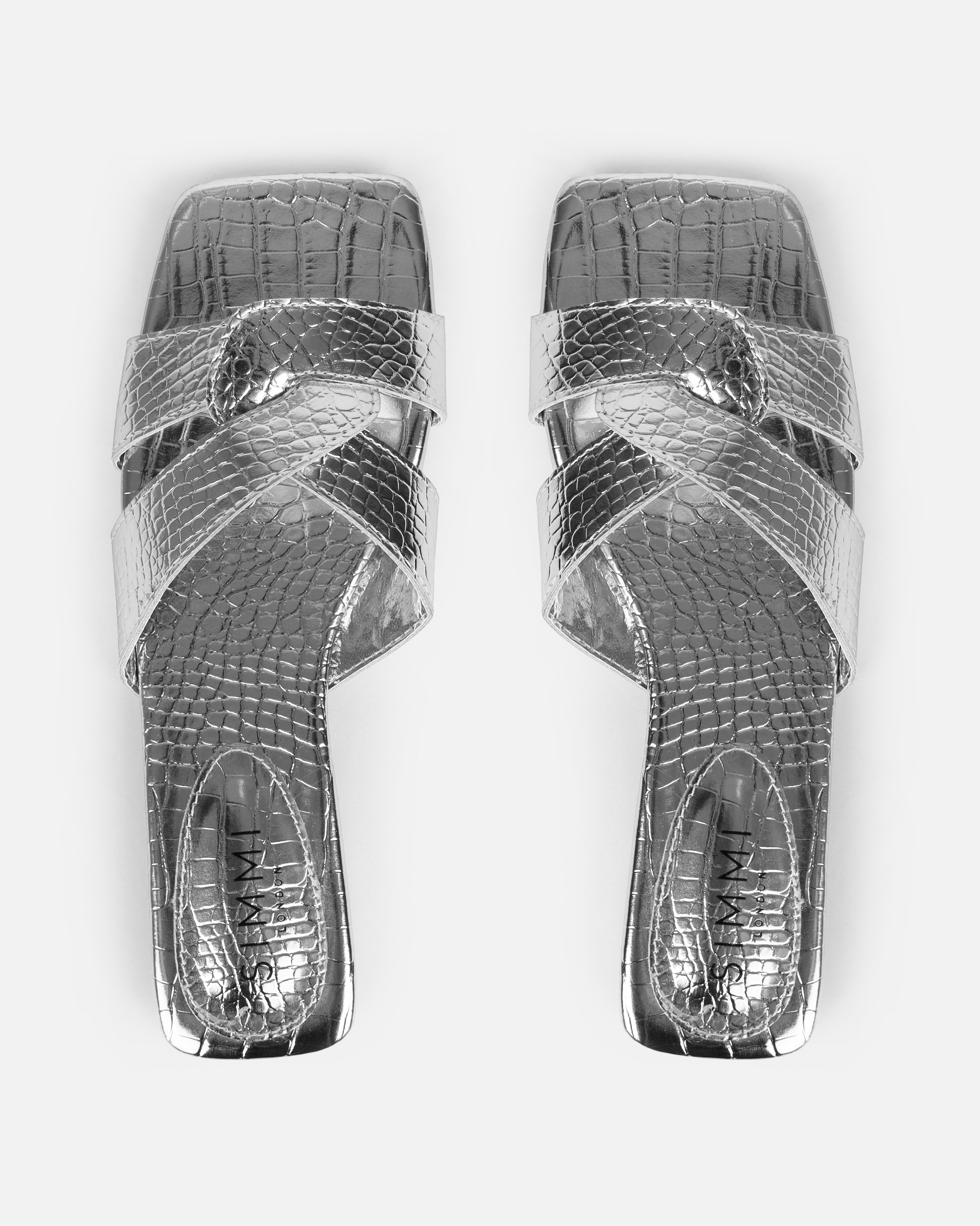 Cherie Silver Faux Croc Print Flat Sandals