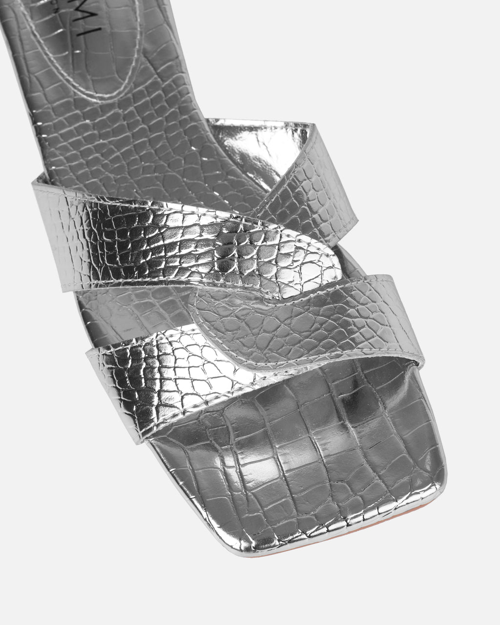 Cherie Silver Faux Croc Print Flat Sandals