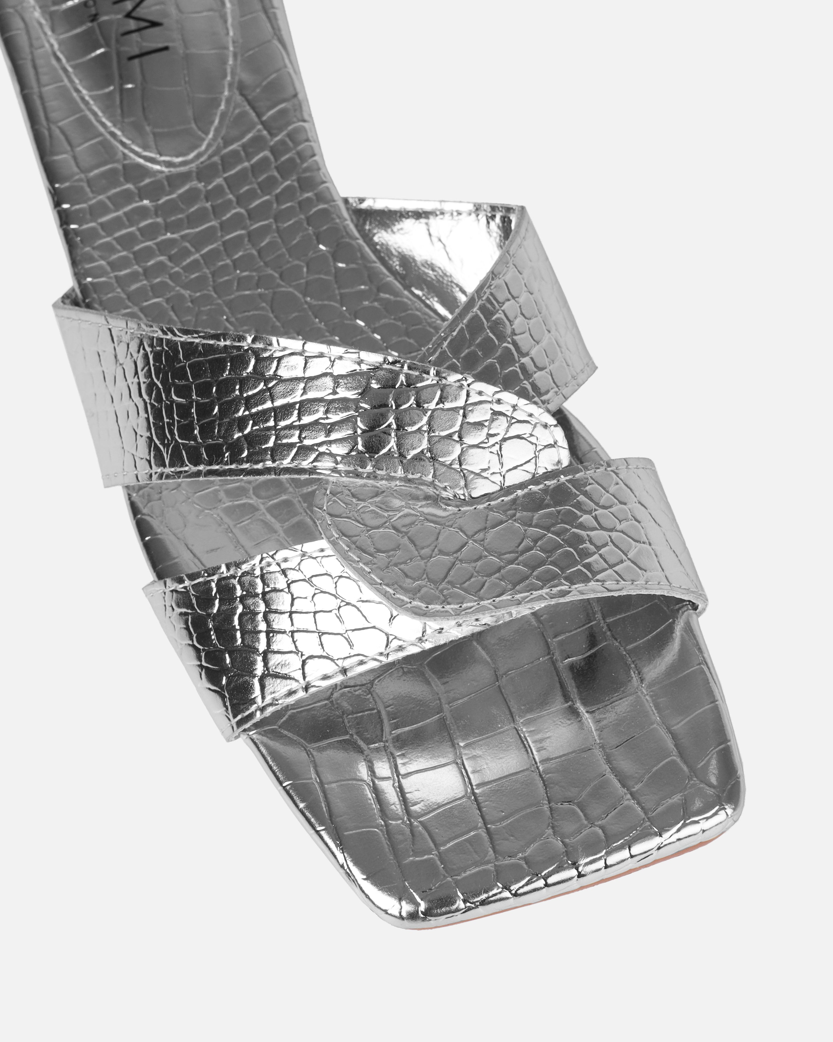 Cherie Silver Faux Croc Print Flat Sandals