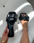 Miray Black Flower Flat Slides