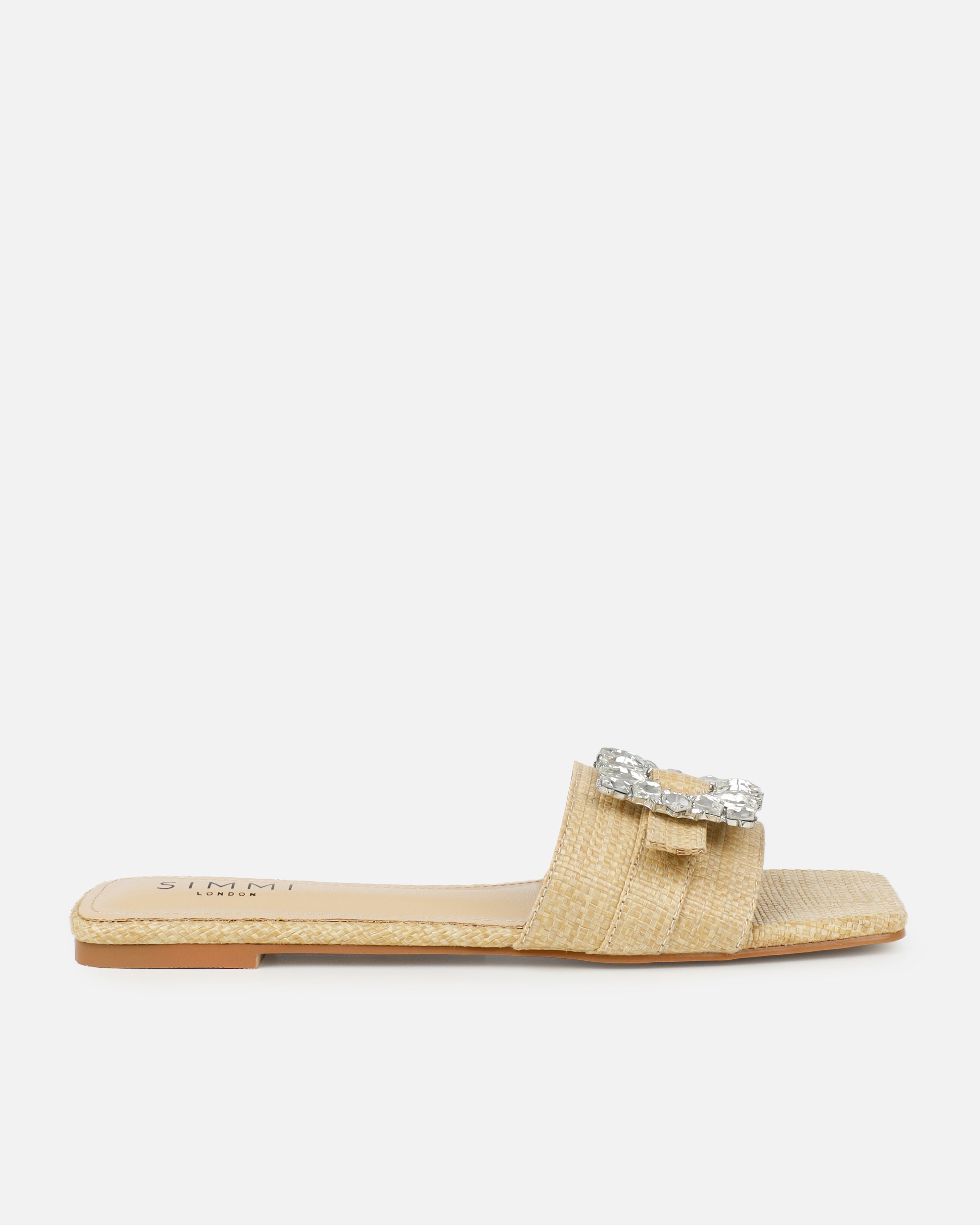 Cyra Beige Raffia Diamante Flat Sandals
