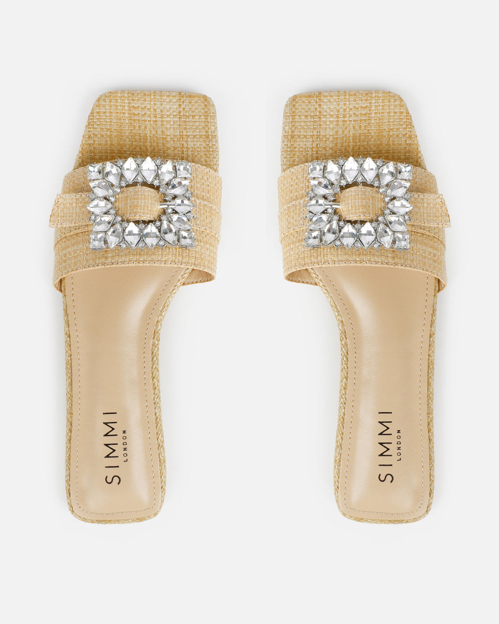 Cyra Beige Raffia Diamante Flat Sandals