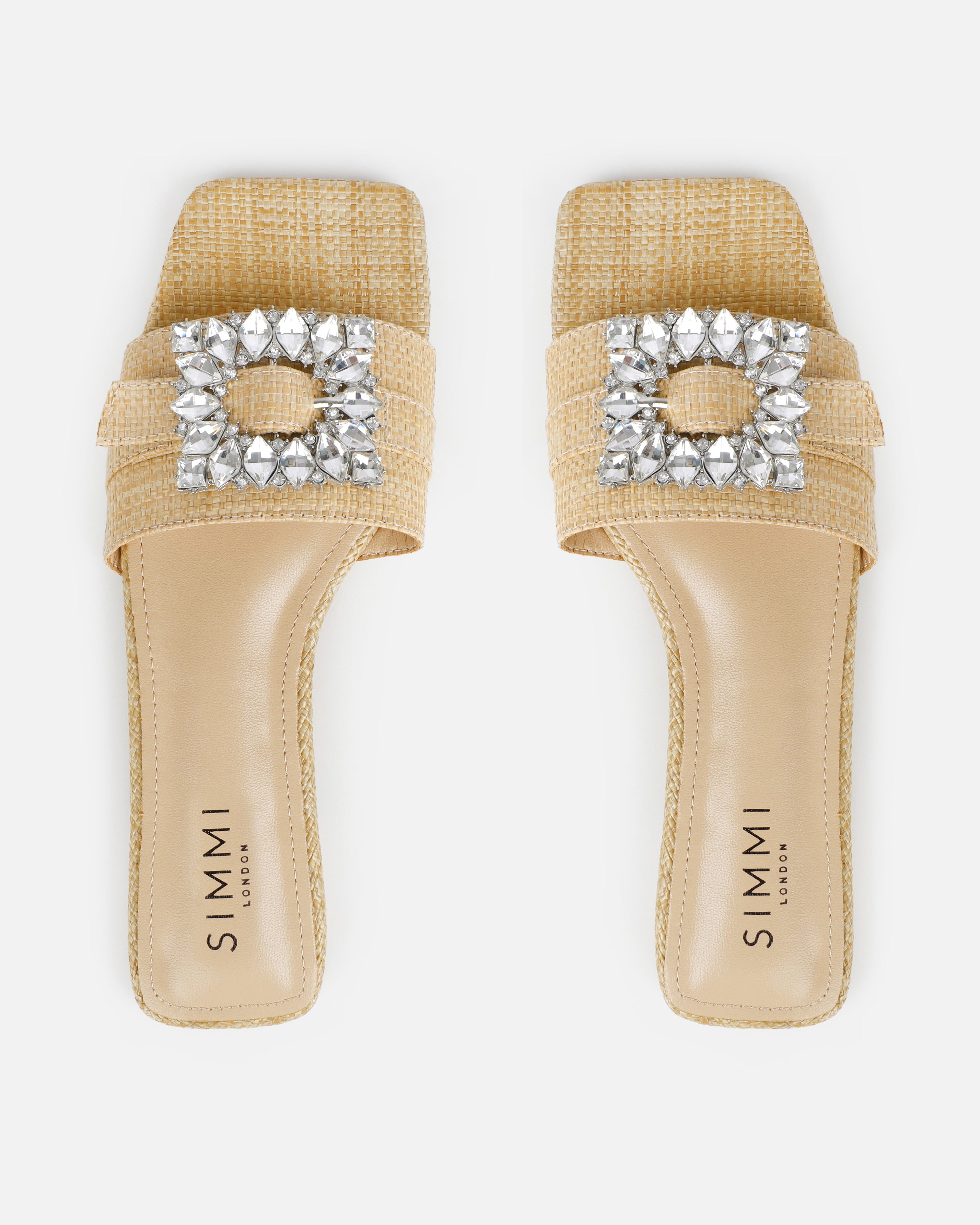 Cyra Beige Raffia Diamante Flat Sandals