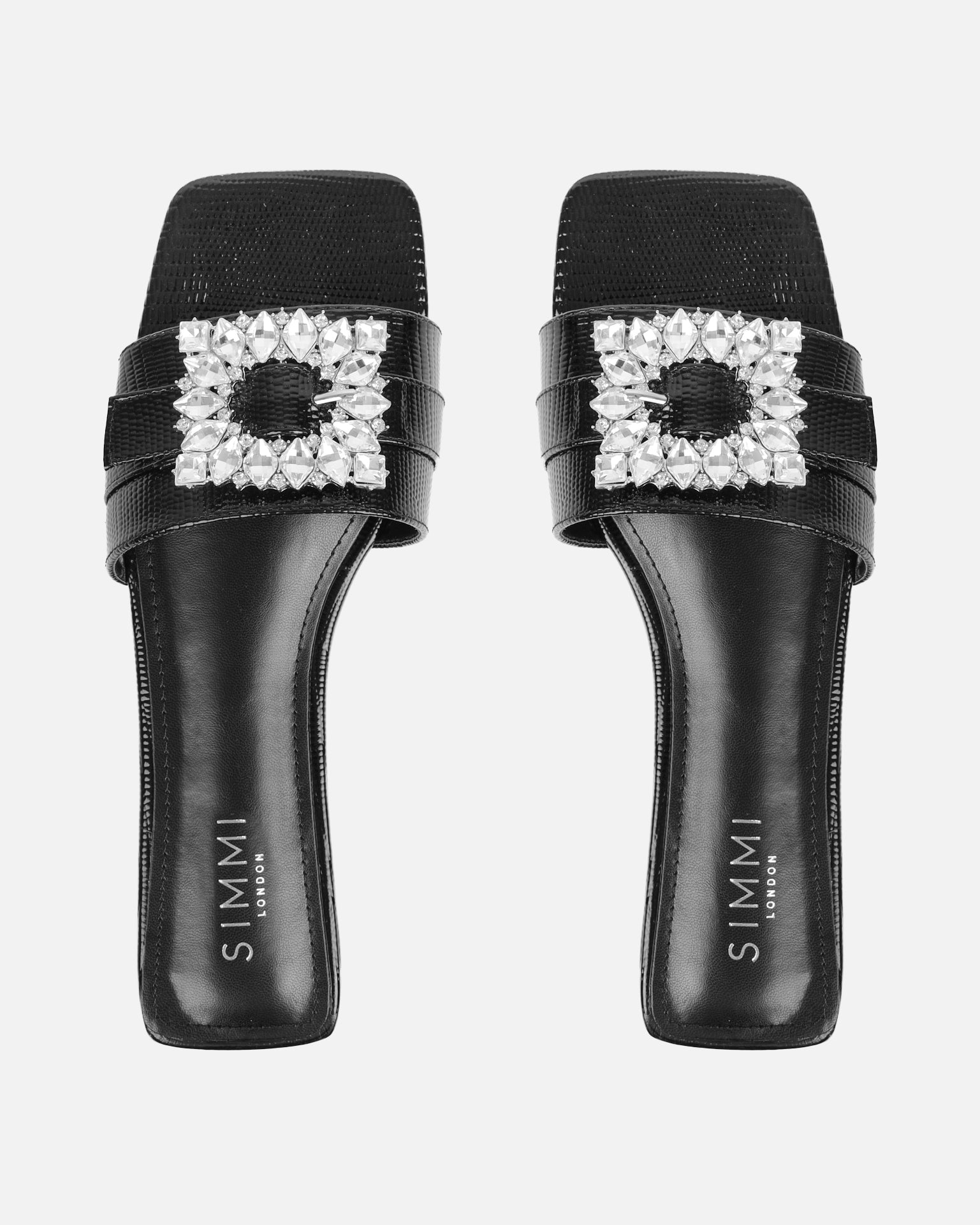 Cyra Black Faux Lizard Effect Diamante Flat Sandals