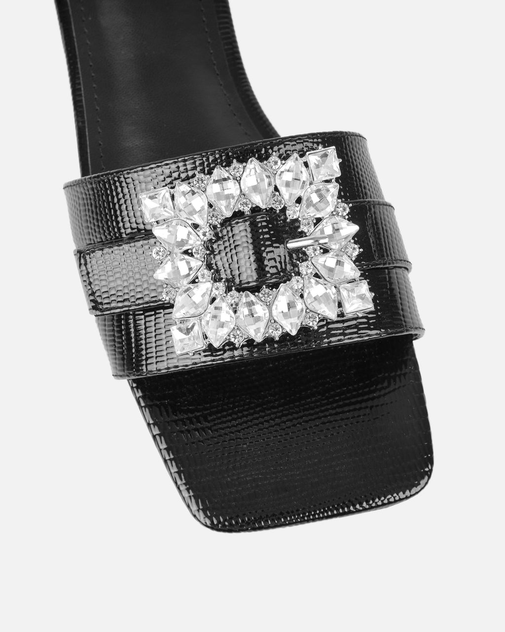 Cyra Black Faux Lizard Effect Diamante Flat Sandals