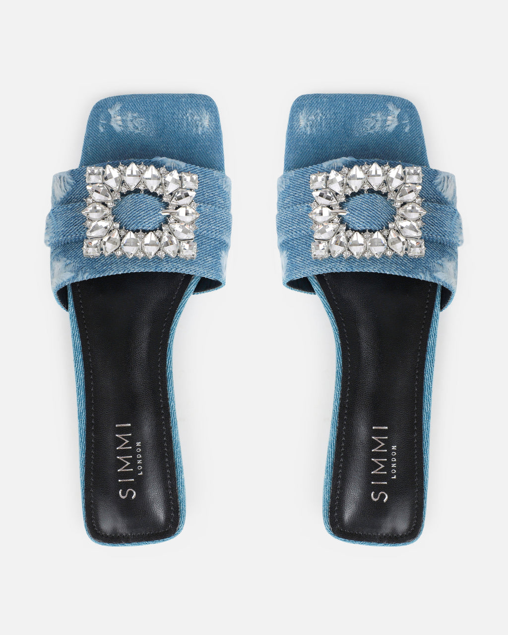 Cyra Blue Denim Diamante Flat Sandals