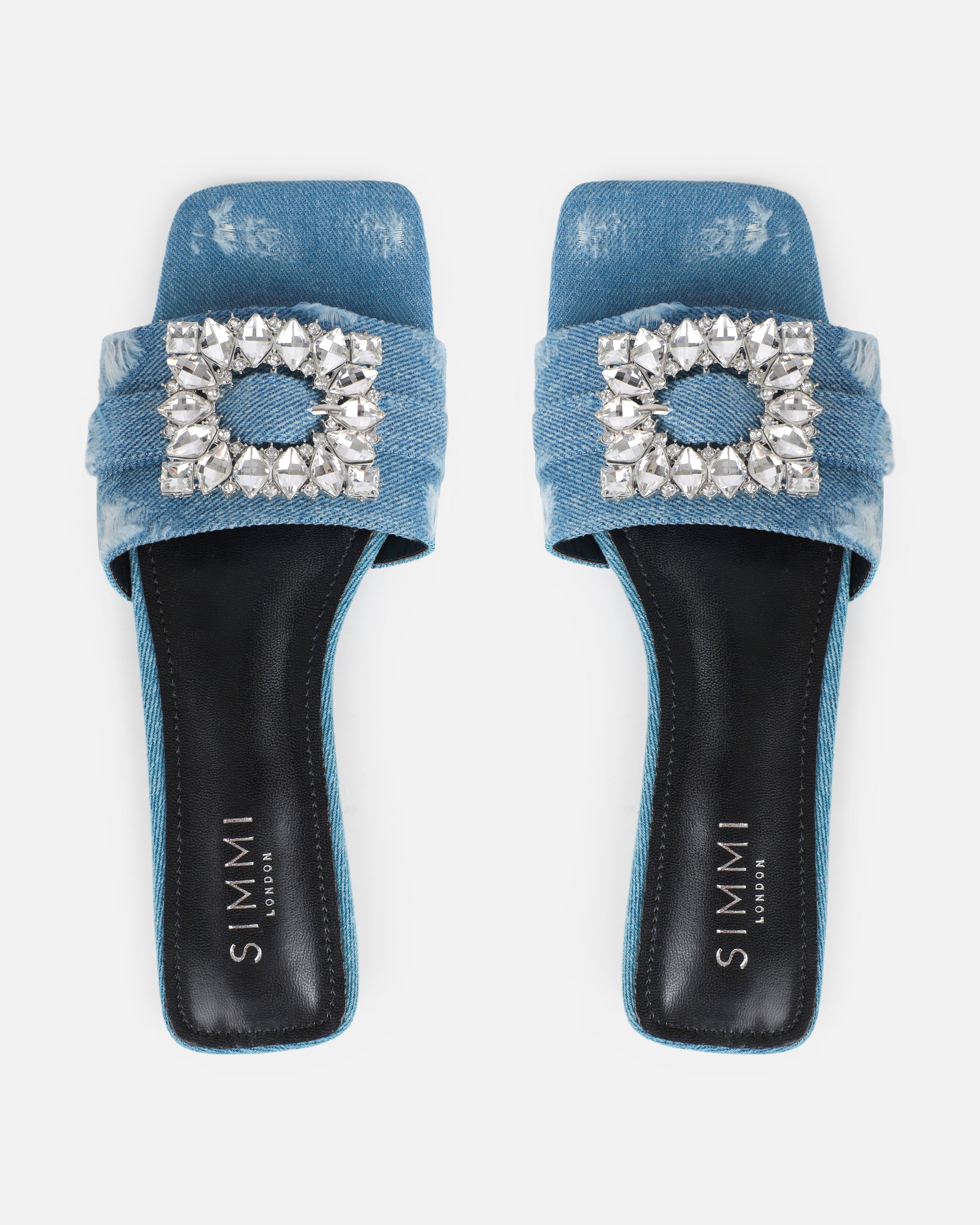 Cyra Blue Denim Diamante Flat Sandals