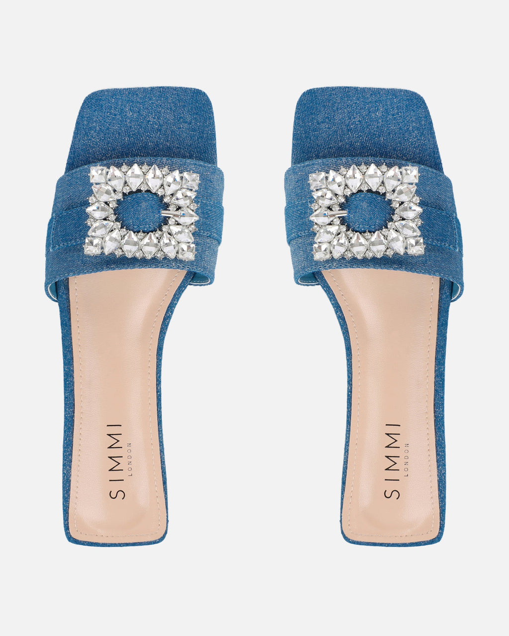 Cyra Silver Denim Diamante Flat Sandals