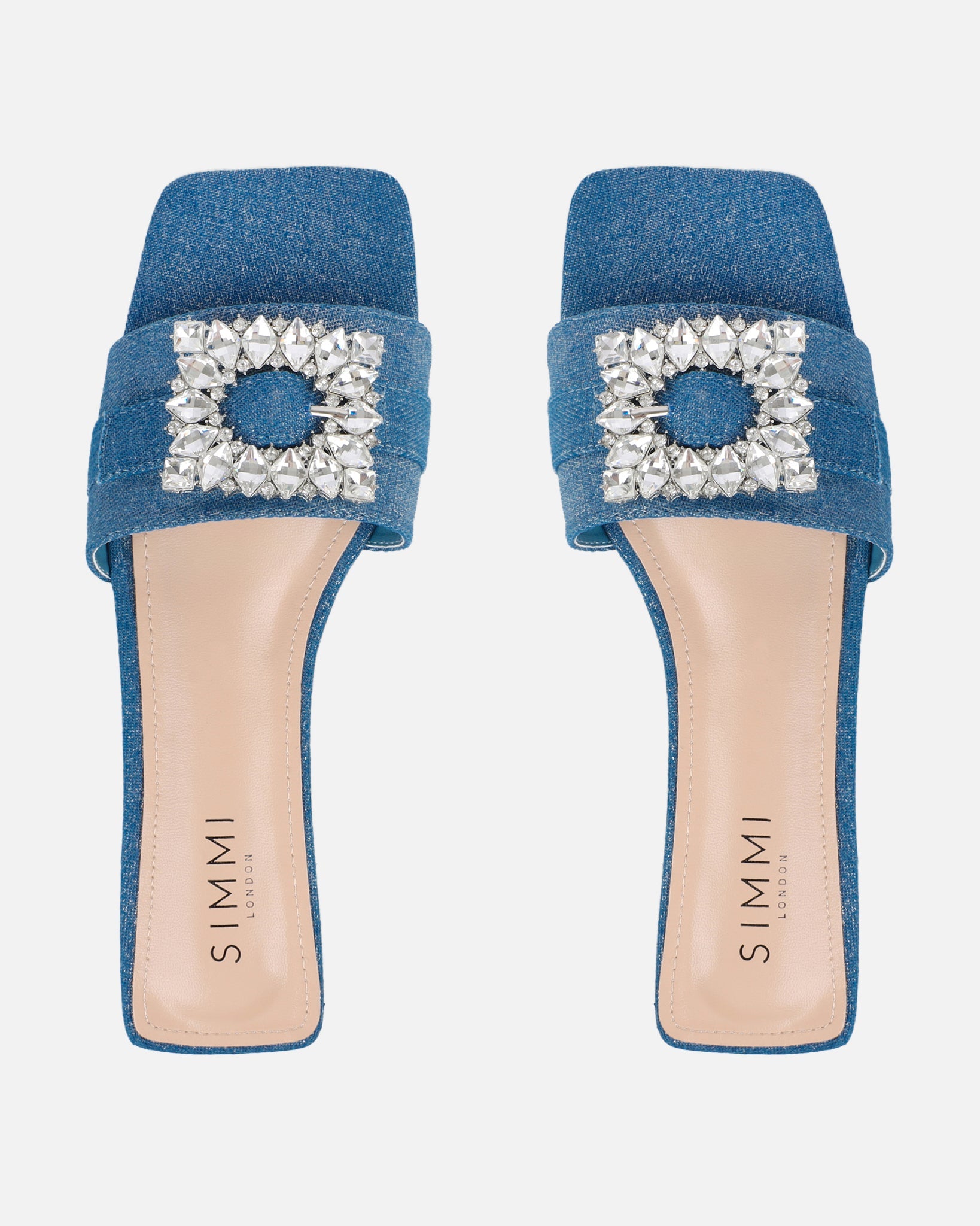 Cyra Silver Denim Diamante Flat Sandals