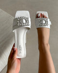 Cyra White Faux Lizard Effect Diamante Flat Sandals
