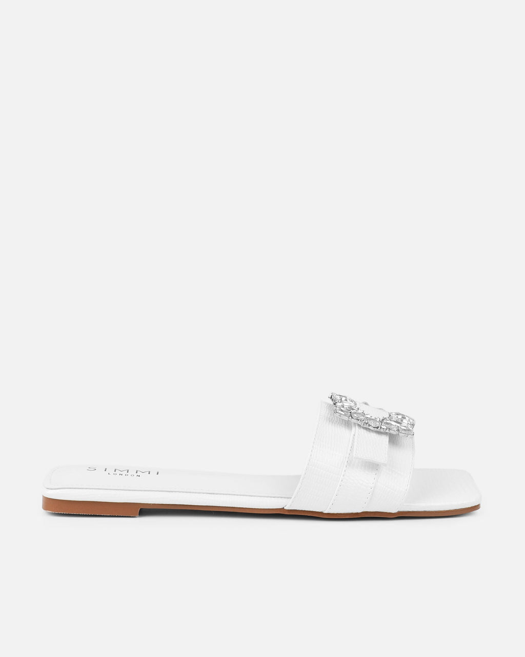 Cyra White Faux Lizard Effect Diamante Flat Sandals