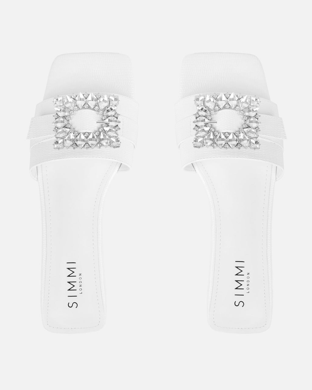 Cyra White Faux Lizard Effect Diamante Flat Sandals