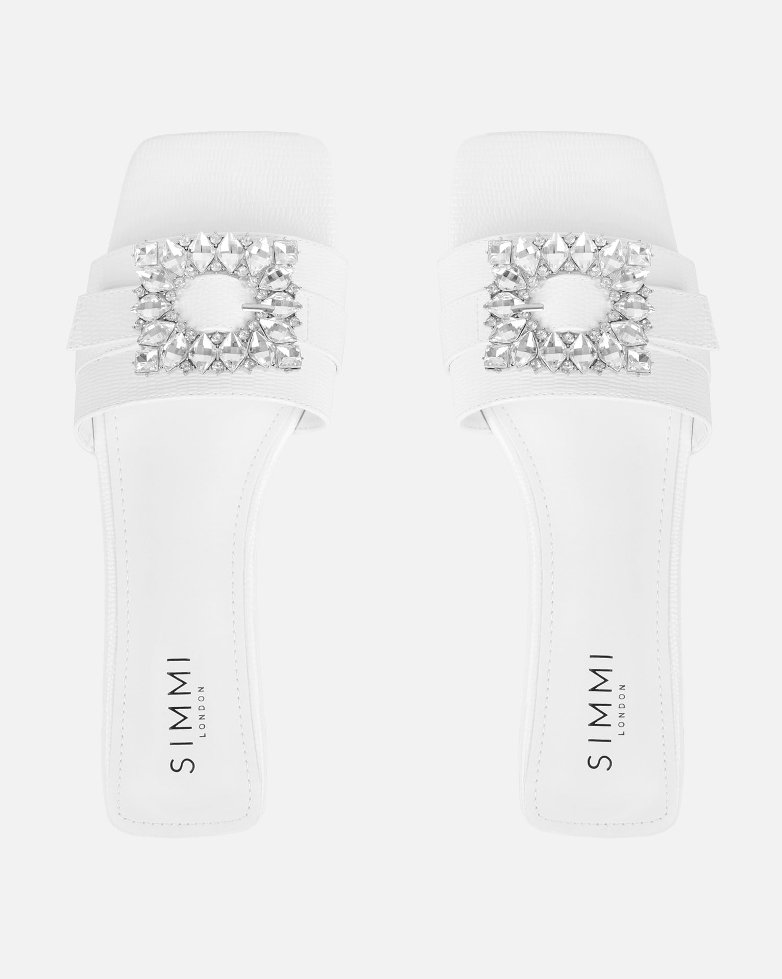 Cyra White Faux Lizard Effect Diamante Flat Sandals