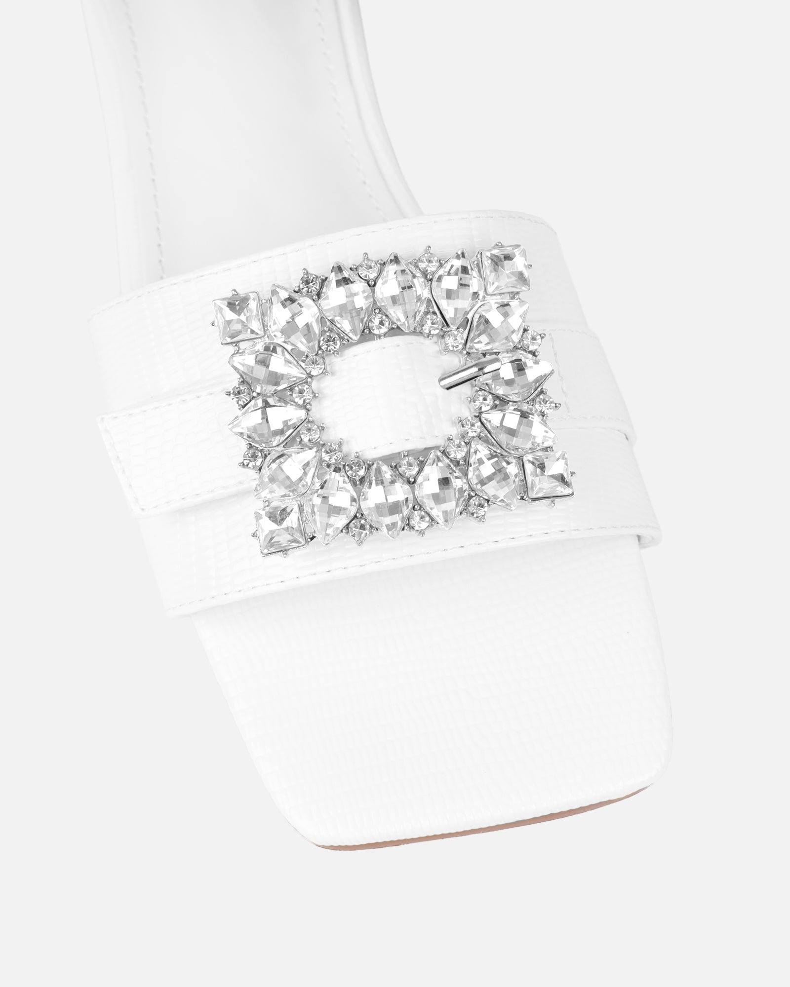 Cyra White Faux Lizard Effect Diamante Flat Sandals
