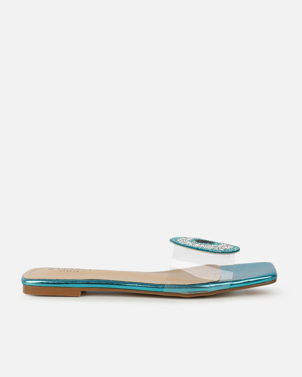 Clem Clear Aqua Blue Metallic Evil Eye Flat Sandals