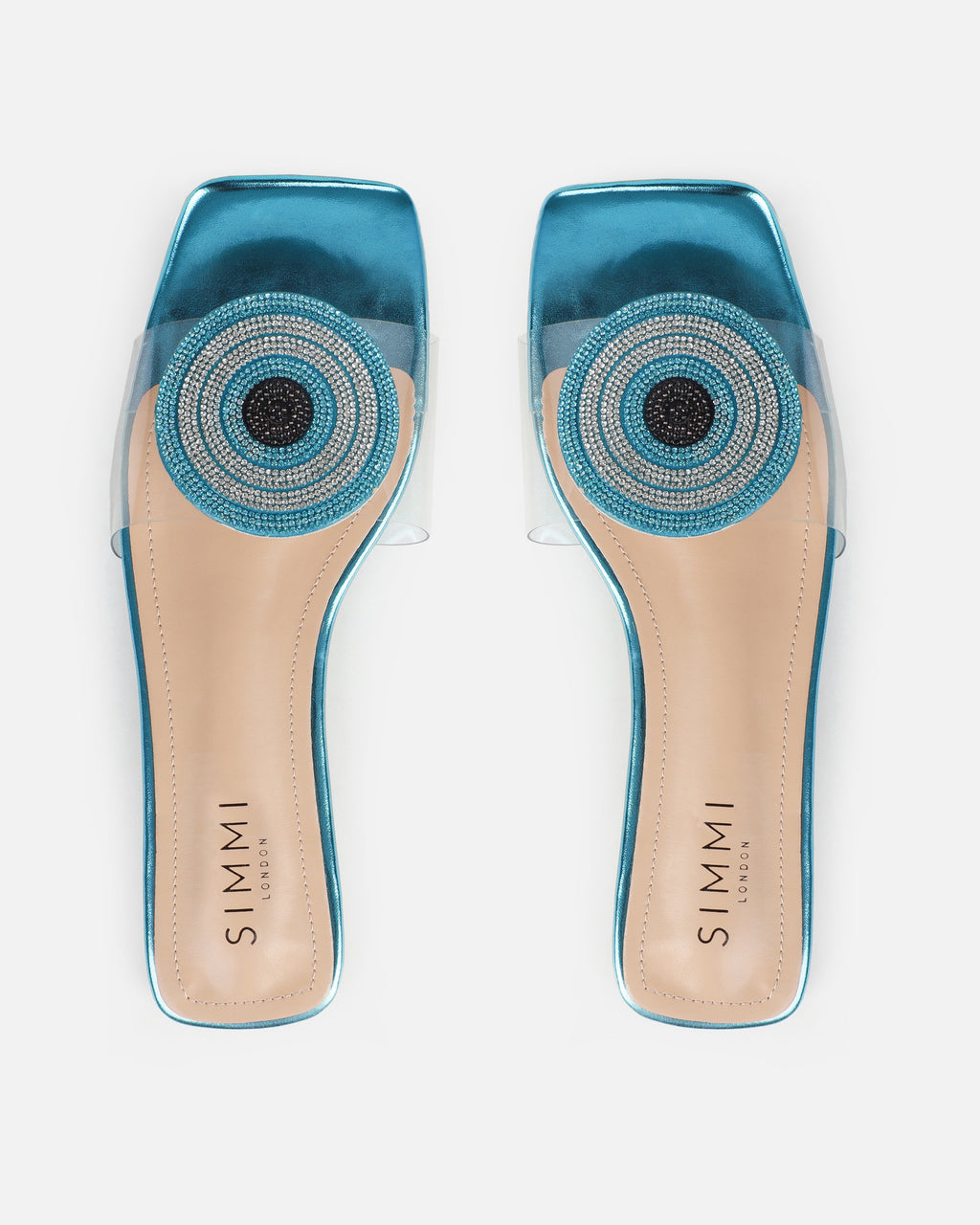 Clem Clear Aqua Blue Metallic Evil Eye Flat Sandals