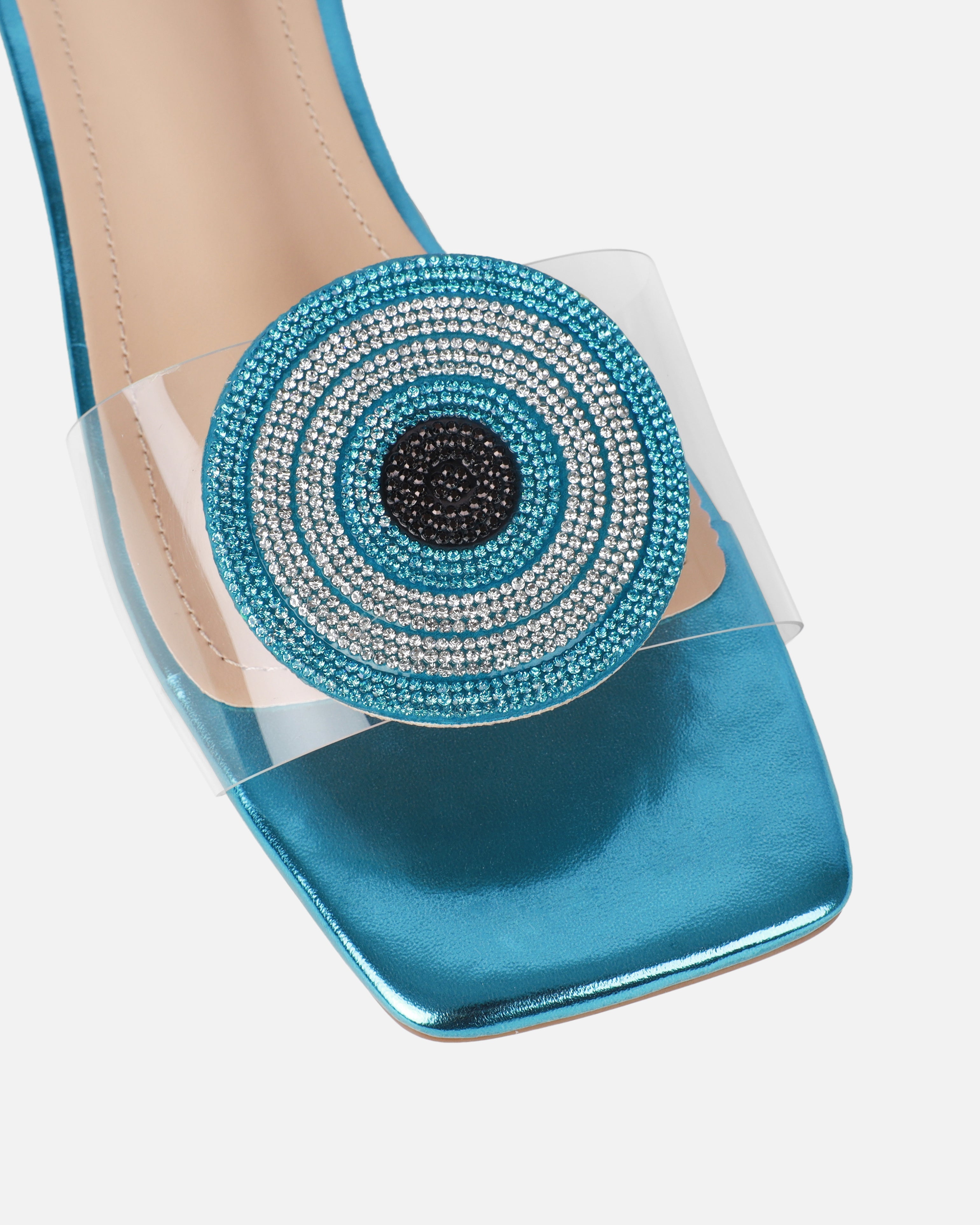 Clem Clear Aqua Blue Metallic Evil Eye Flat Sandals