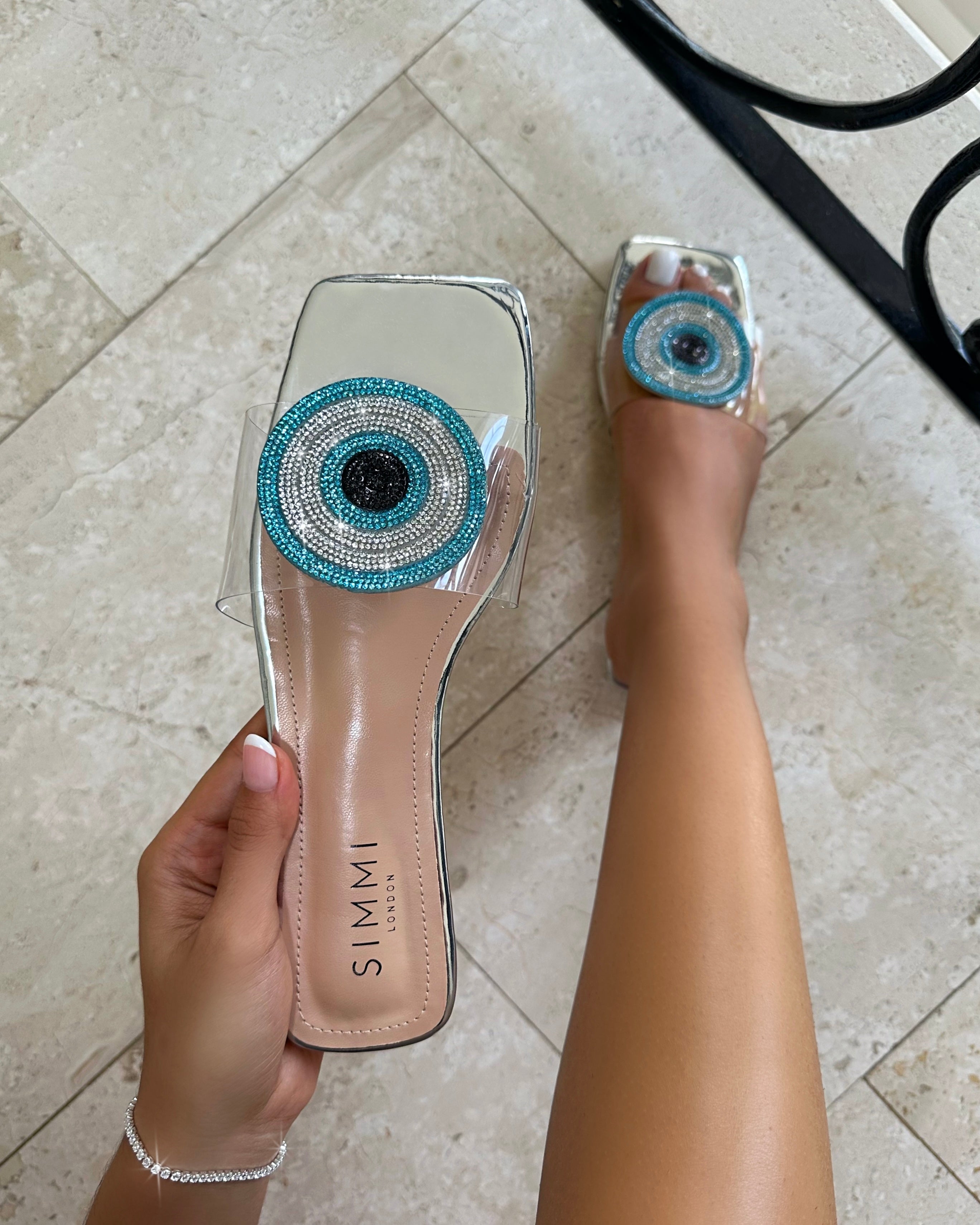 Clem Clear Silver Mirror Evil Eye Flat Sandals