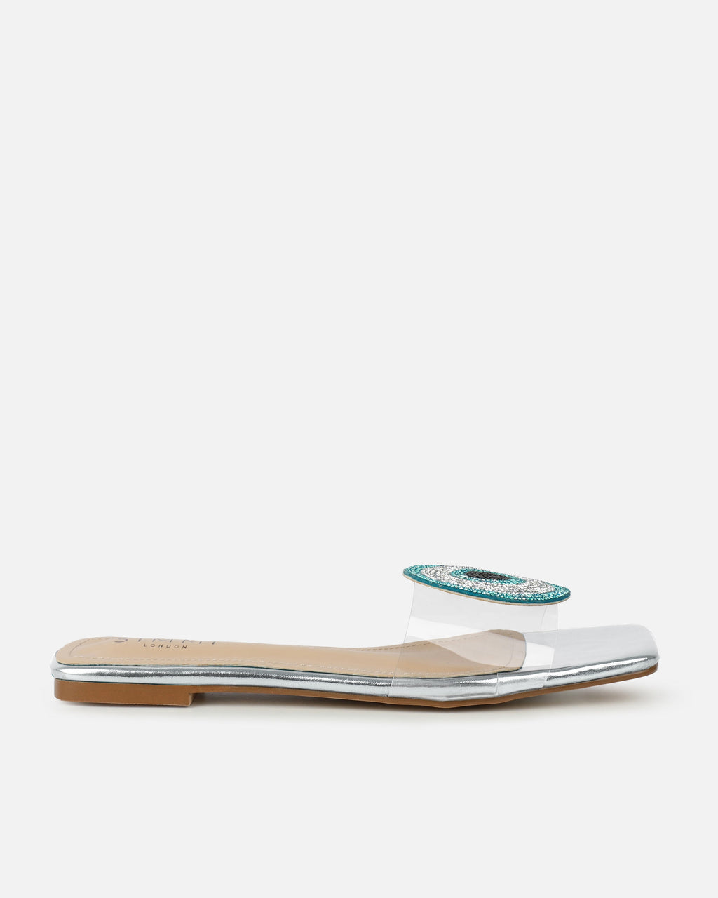 Clem Clear Silver Mirror Evil Eye Flat Sandals