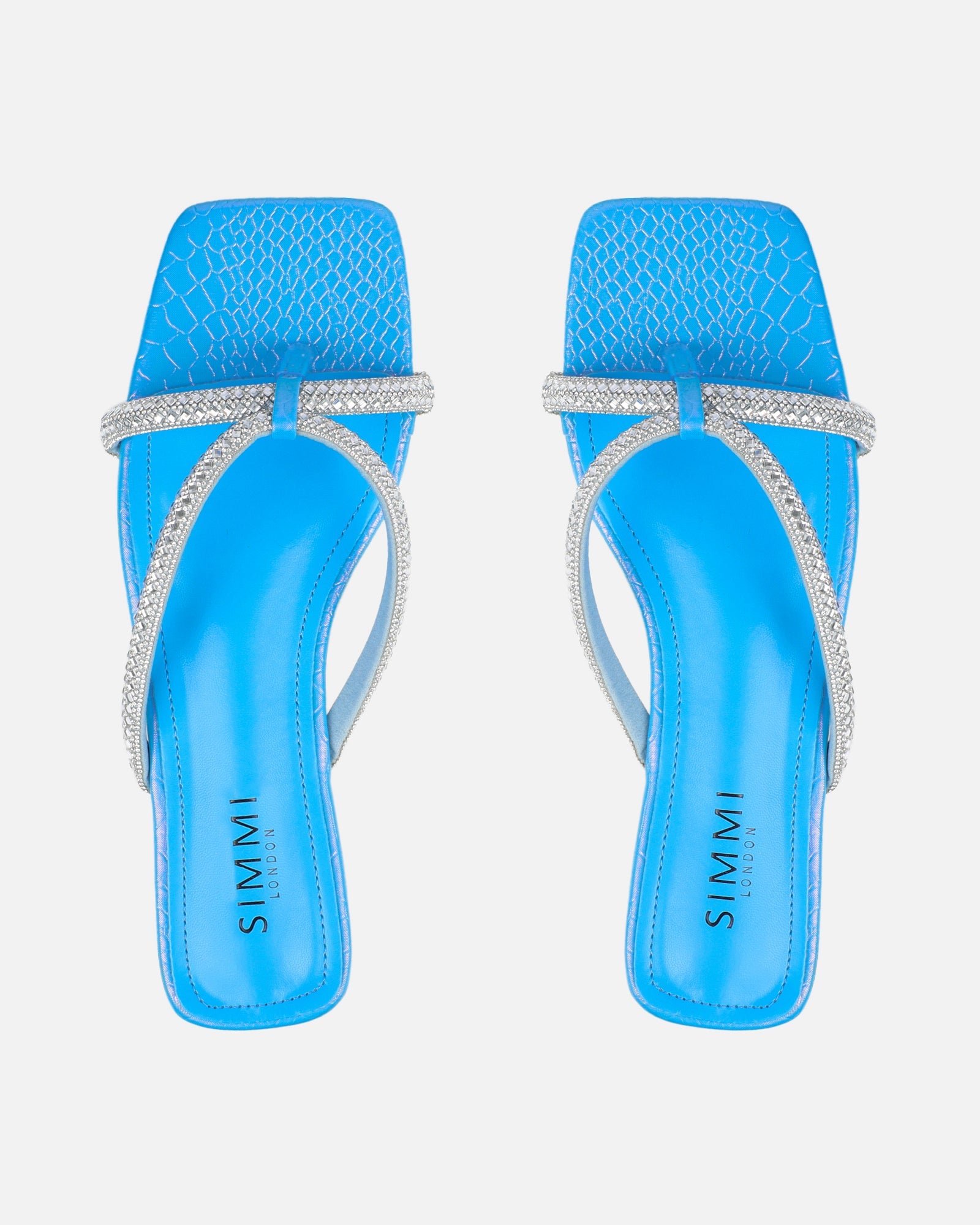 Visha Blue Faux Snake Effect Diamante Flat Sandals