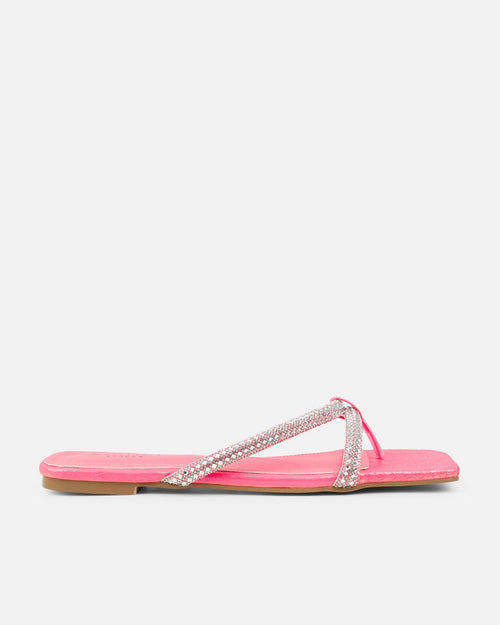 Visha Pink Faux Snake Effect Diamante Flat Sandals
