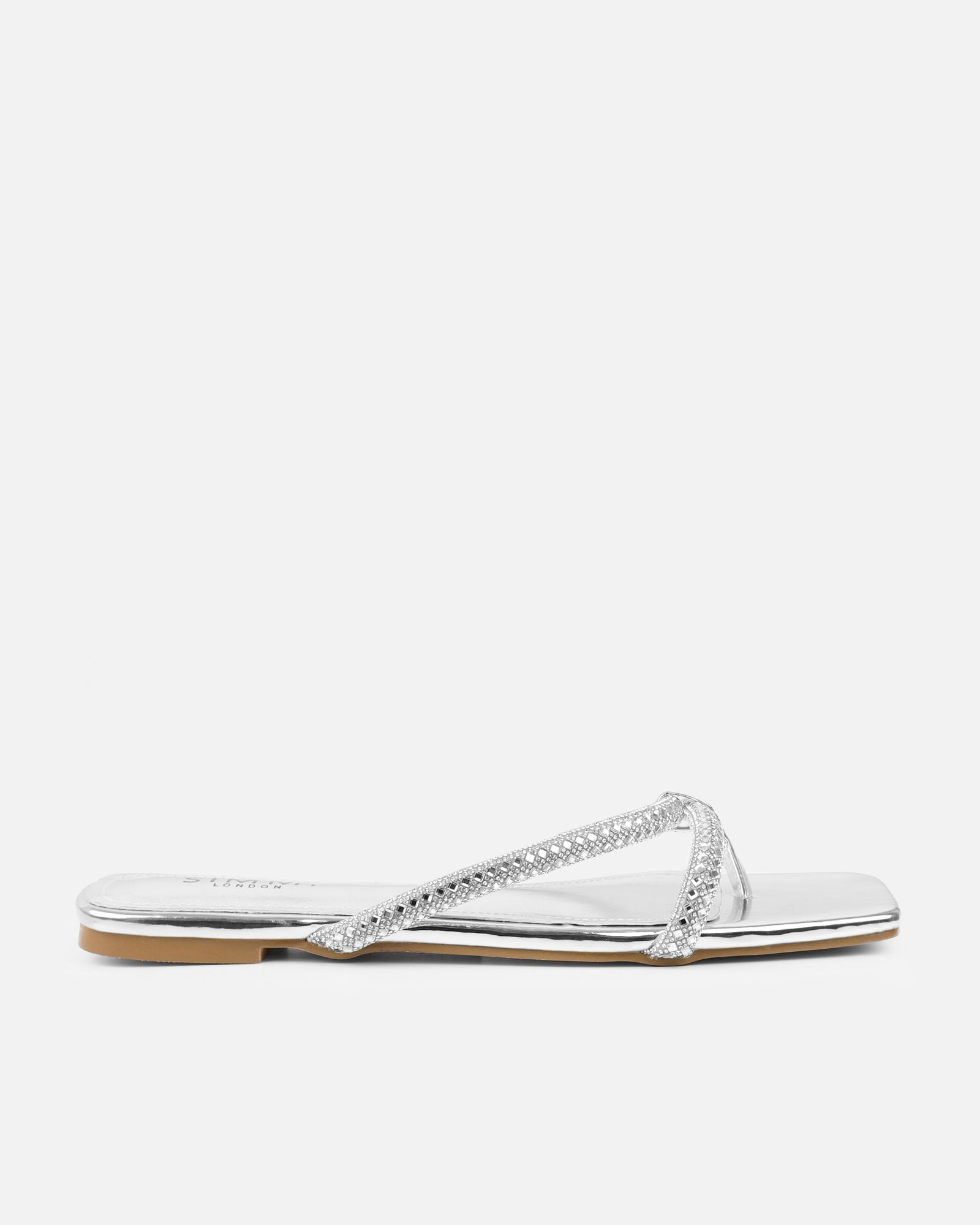 Visha Silver Mirror Effect Diamante Flat Sandals