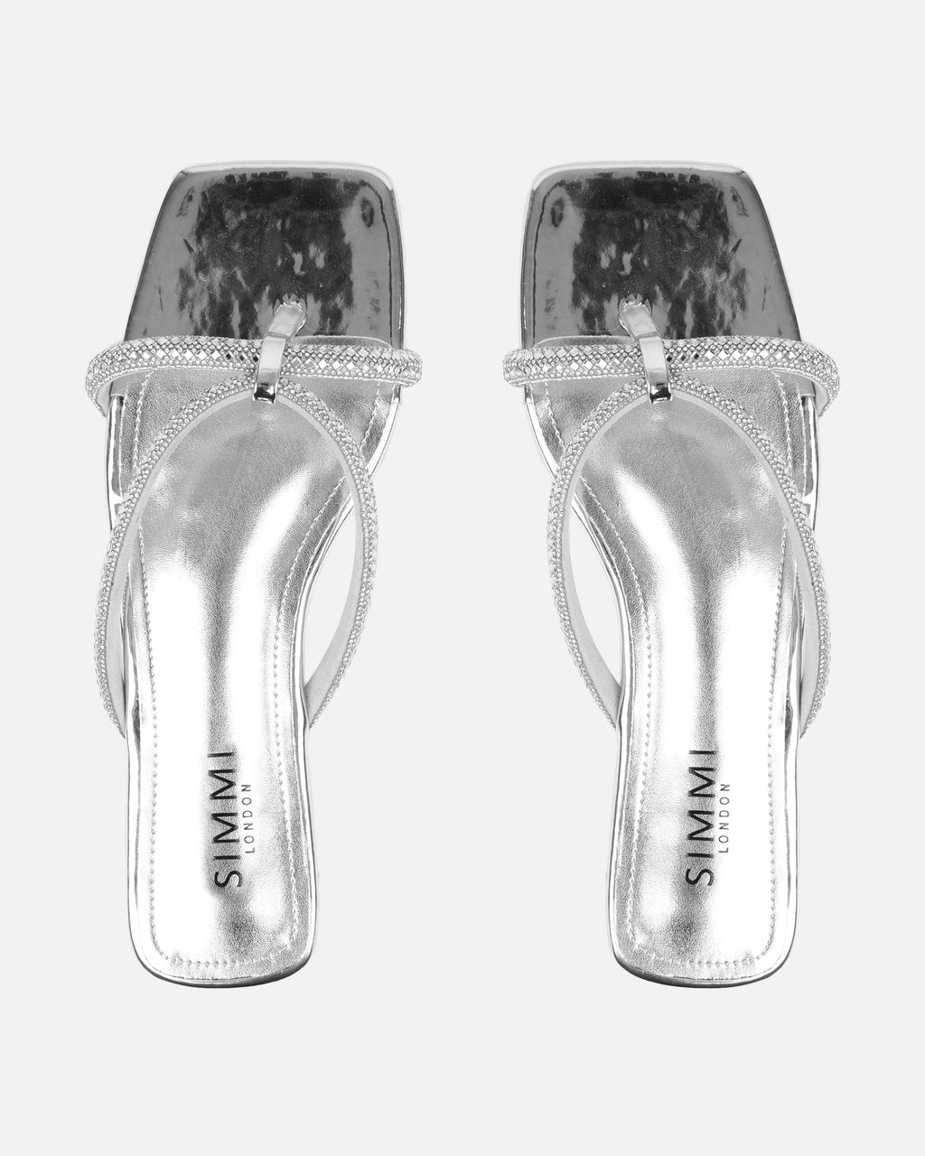 Visha Silver Mirror Effect Diamante Flat Sandals