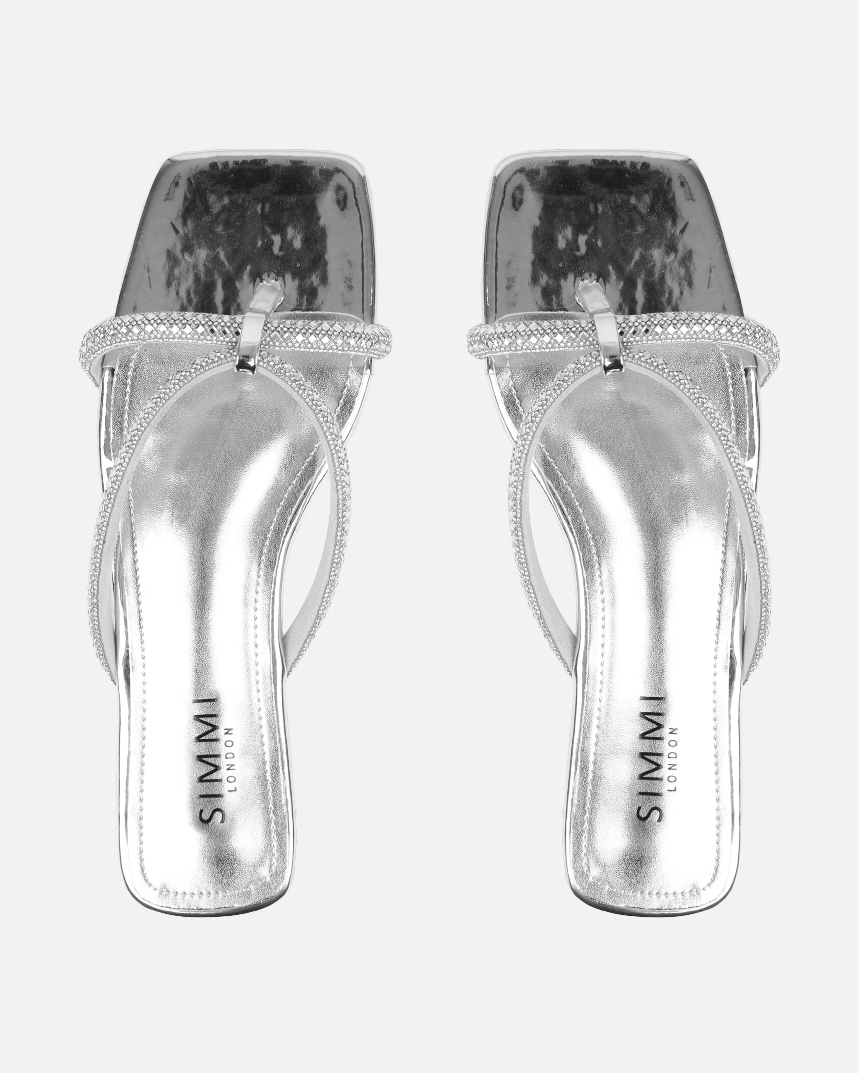 Visha Silver Mirror Effect Diamante Flat Sandals
