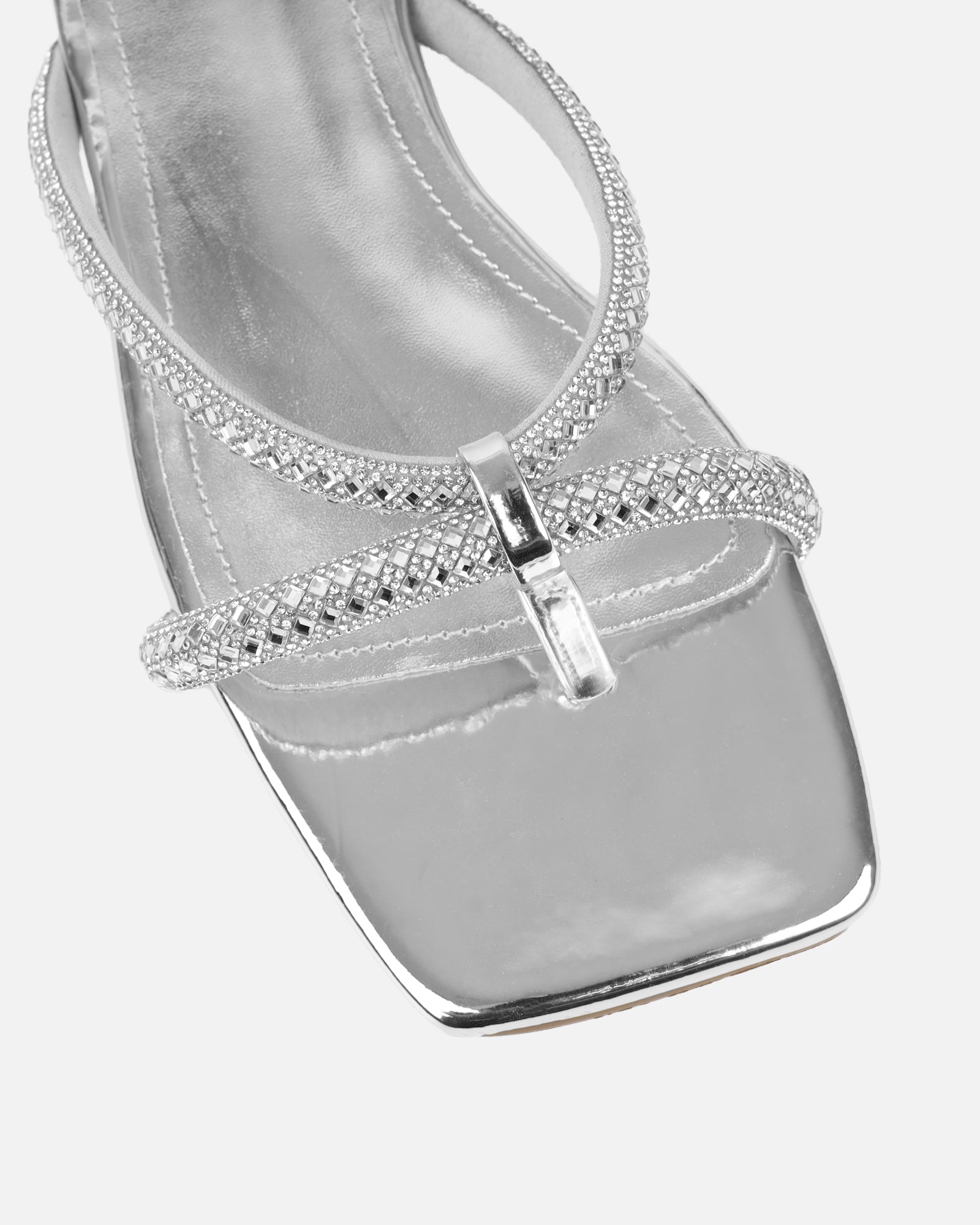 Visha Silver Mirror Effect Diamante Flat Sandals