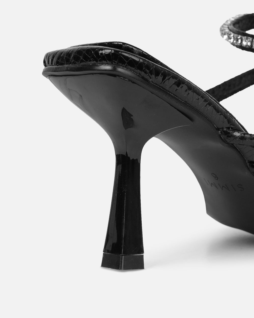Freesia Black Faux Snake Print Toe Post Ankle Coil Mid Heels