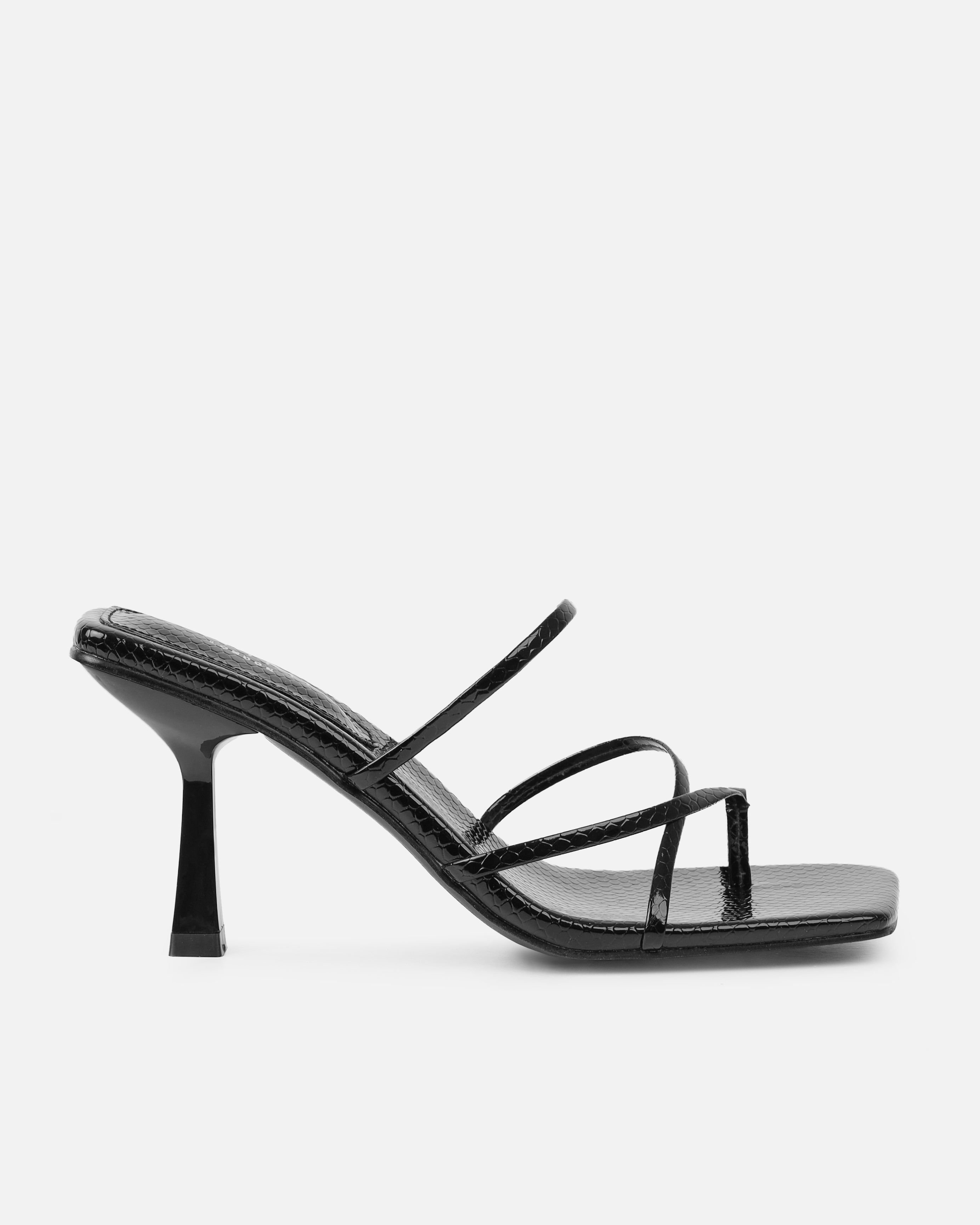 Apollo Black Patent Faux Snake Strappy Mid Heel Mules