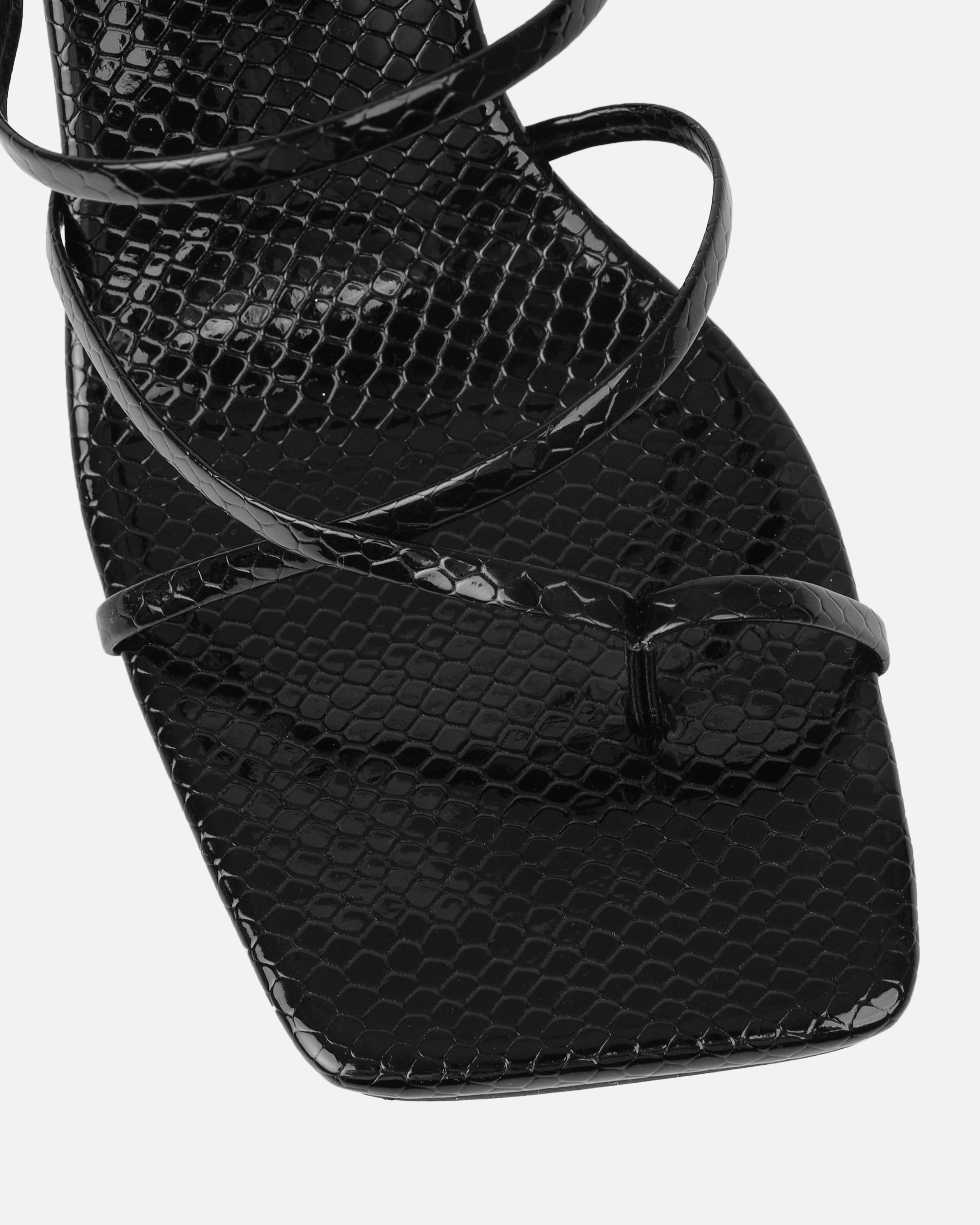 Apollo Black Patent Faux Snake Strappy Mid Heel Mules