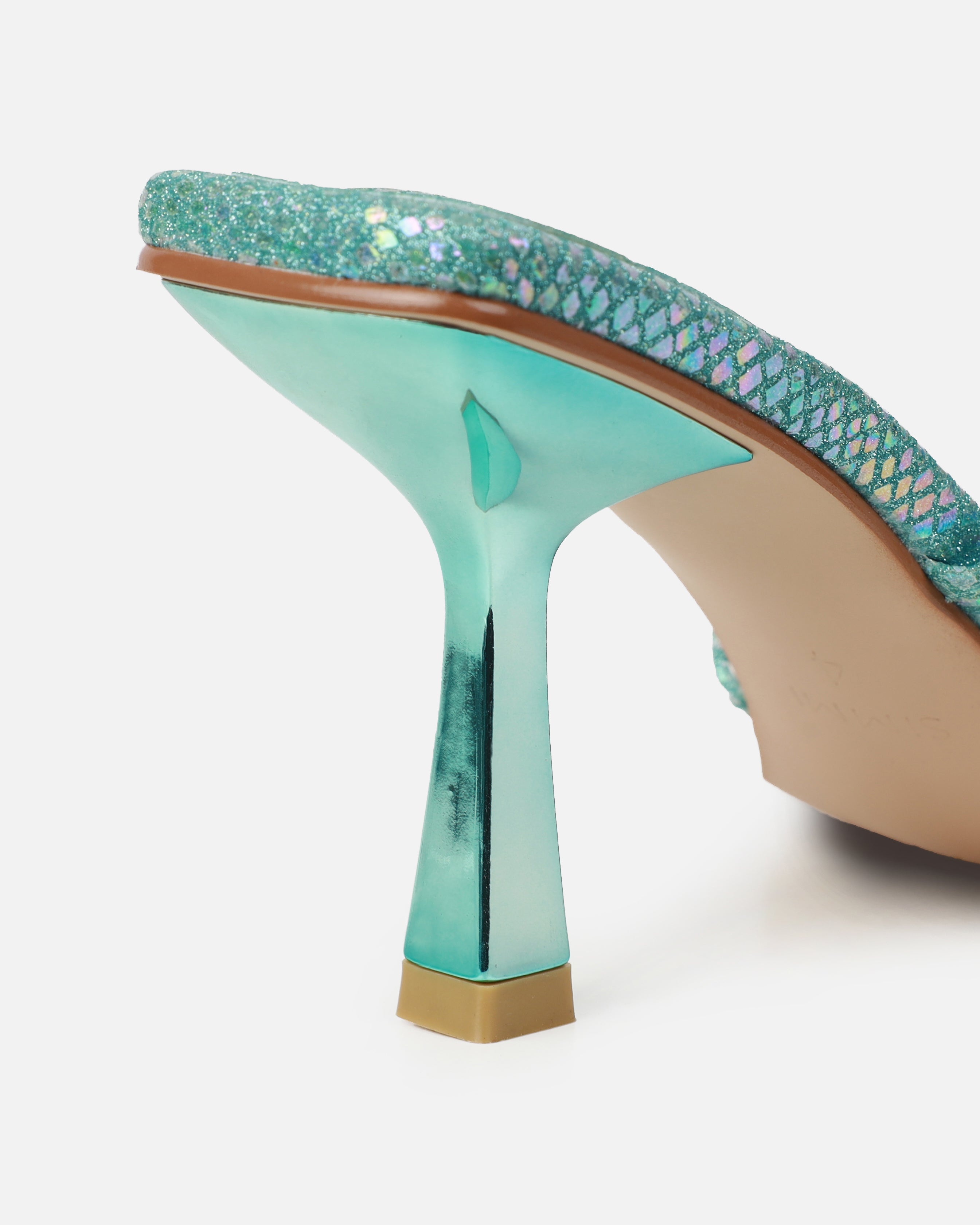 Apollo Blue Shimmer Faux Snake Strappy Mid Heel Mules