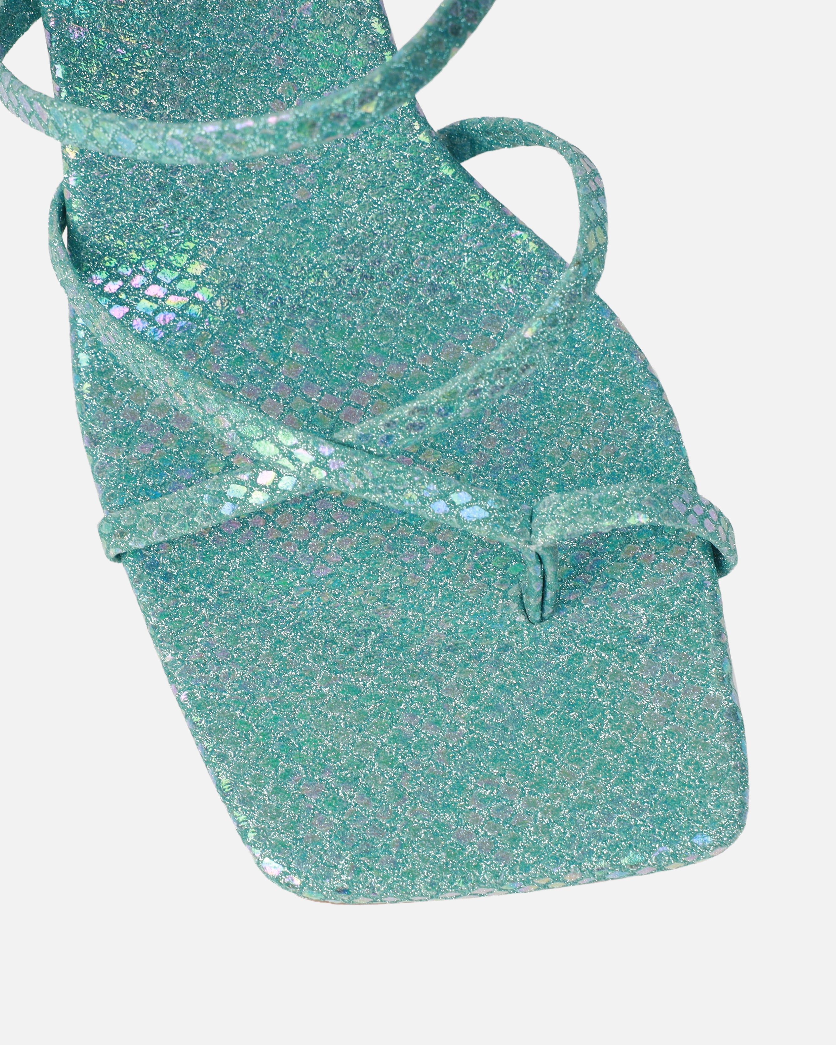 Apollo Blue Shimmer Faux Snake Strappy Mid Heel Mules