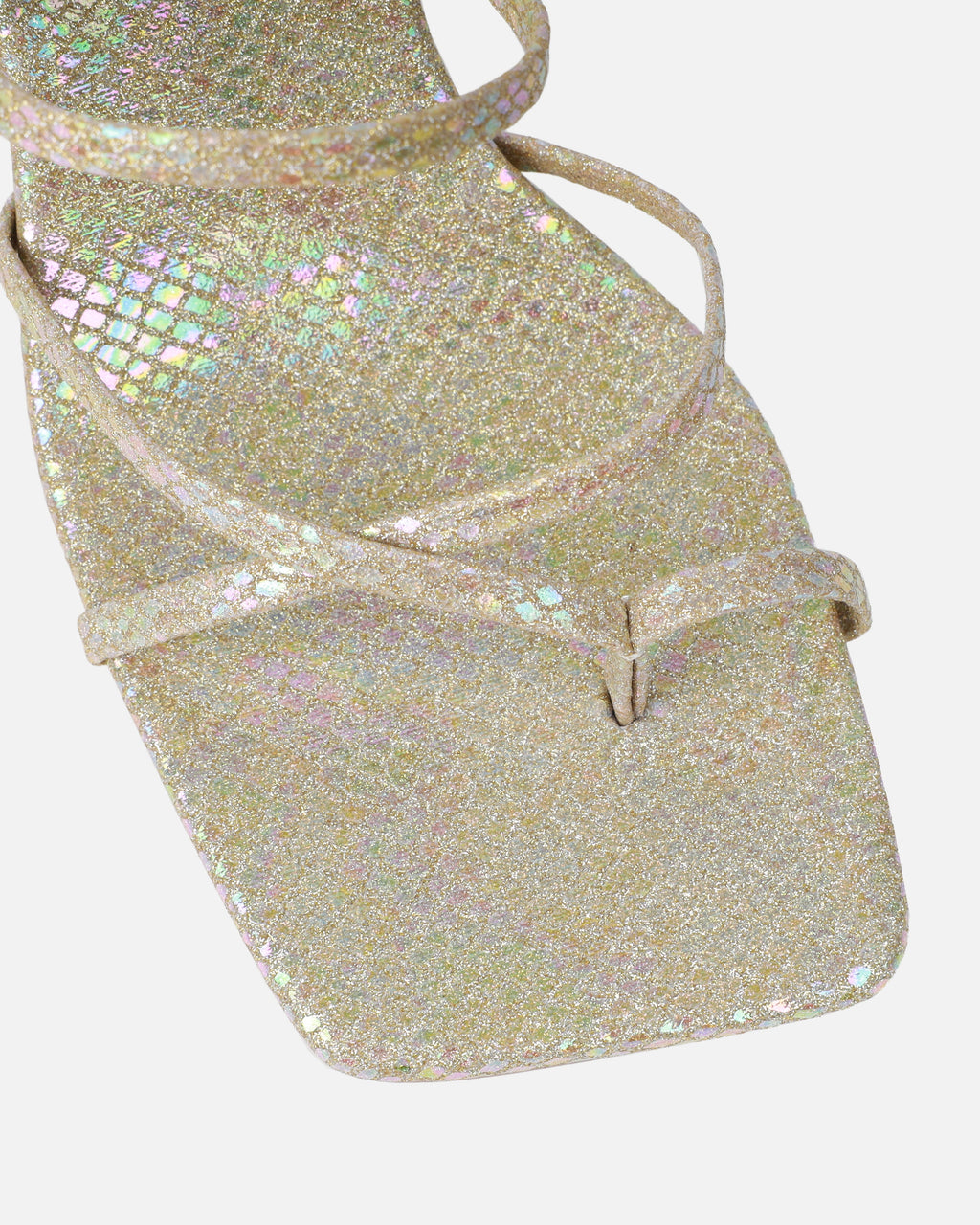 Apollo Gold Shimmer Faux Snake Strappy Mid Heel Mules