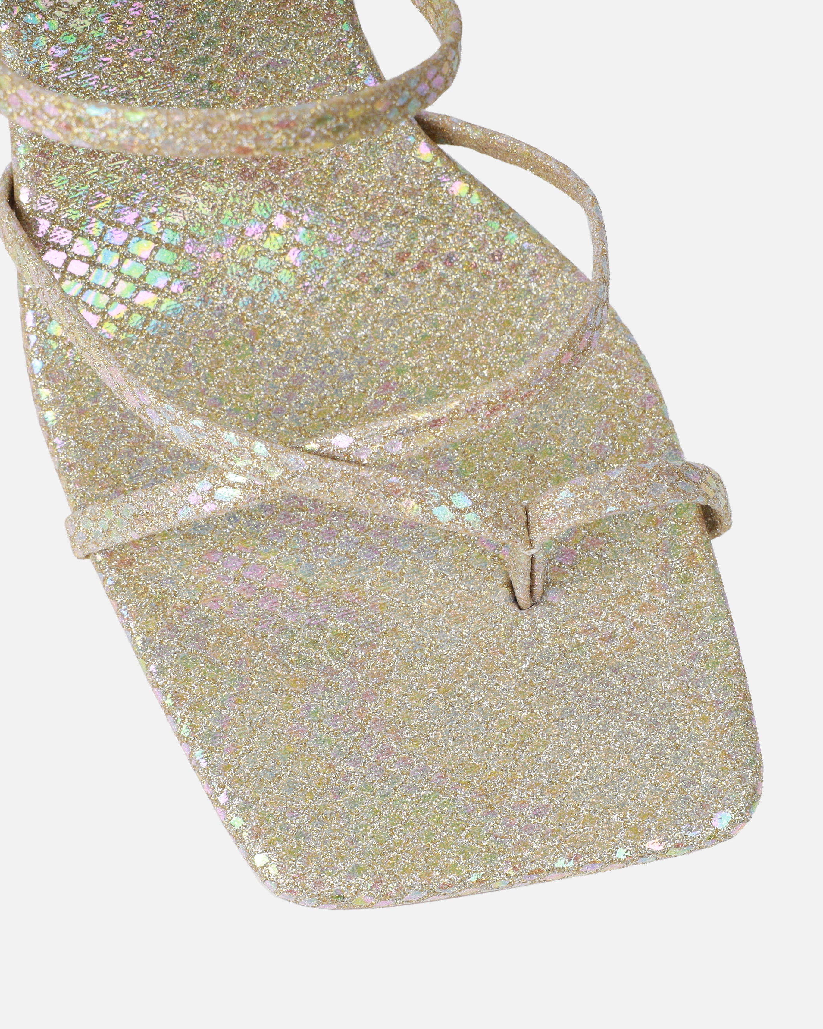 Apollo Gold Shimmer Faux Snake Strappy Mid Heel Mules