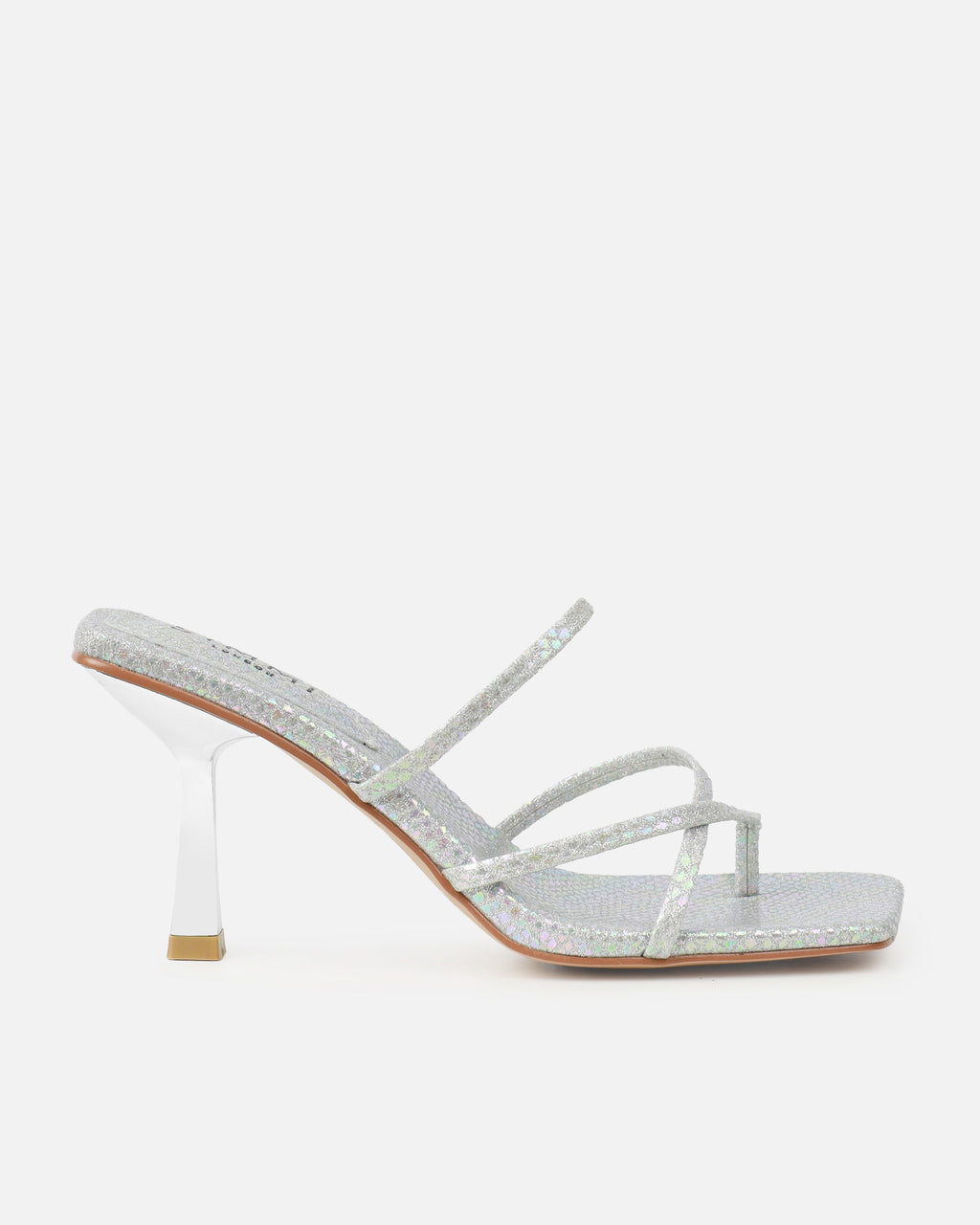 Apollo Silver Shimmer Faux Snake Strappy Mid Heel Mules
